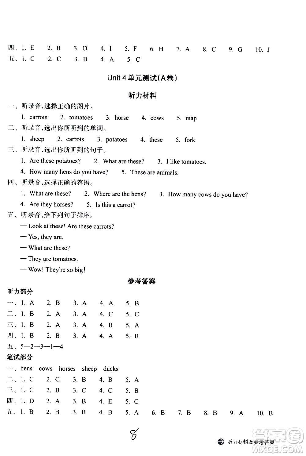 浙江教育出版社2021新編單元能力訓(xùn)練卷英語四年級(jí)下冊(cè)人教版答案