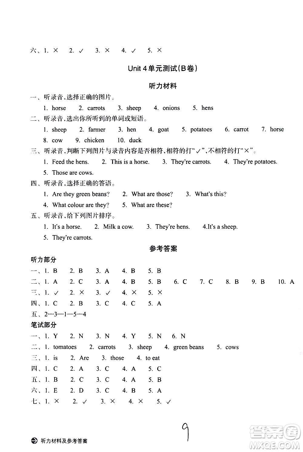 浙江教育出版社2021新編單元能力訓(xùn)練卷英語四年級(jí)下冊(cè)人教版答案