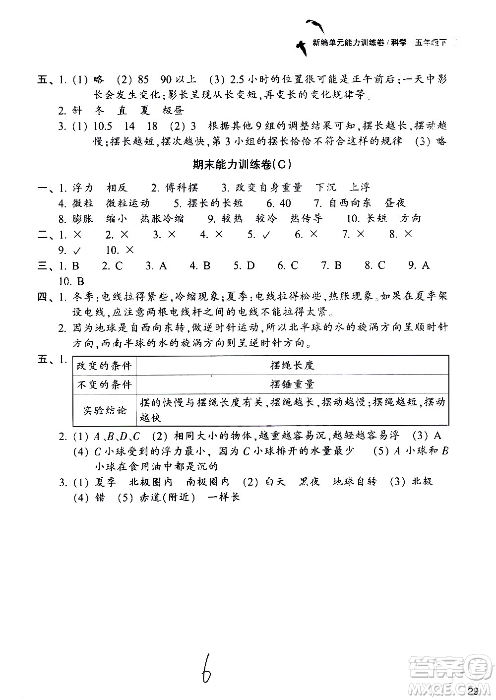 浙江教育出版社2021新編單元能力訓(xùn)練卷科學(xué)五年級下冊教科版答案