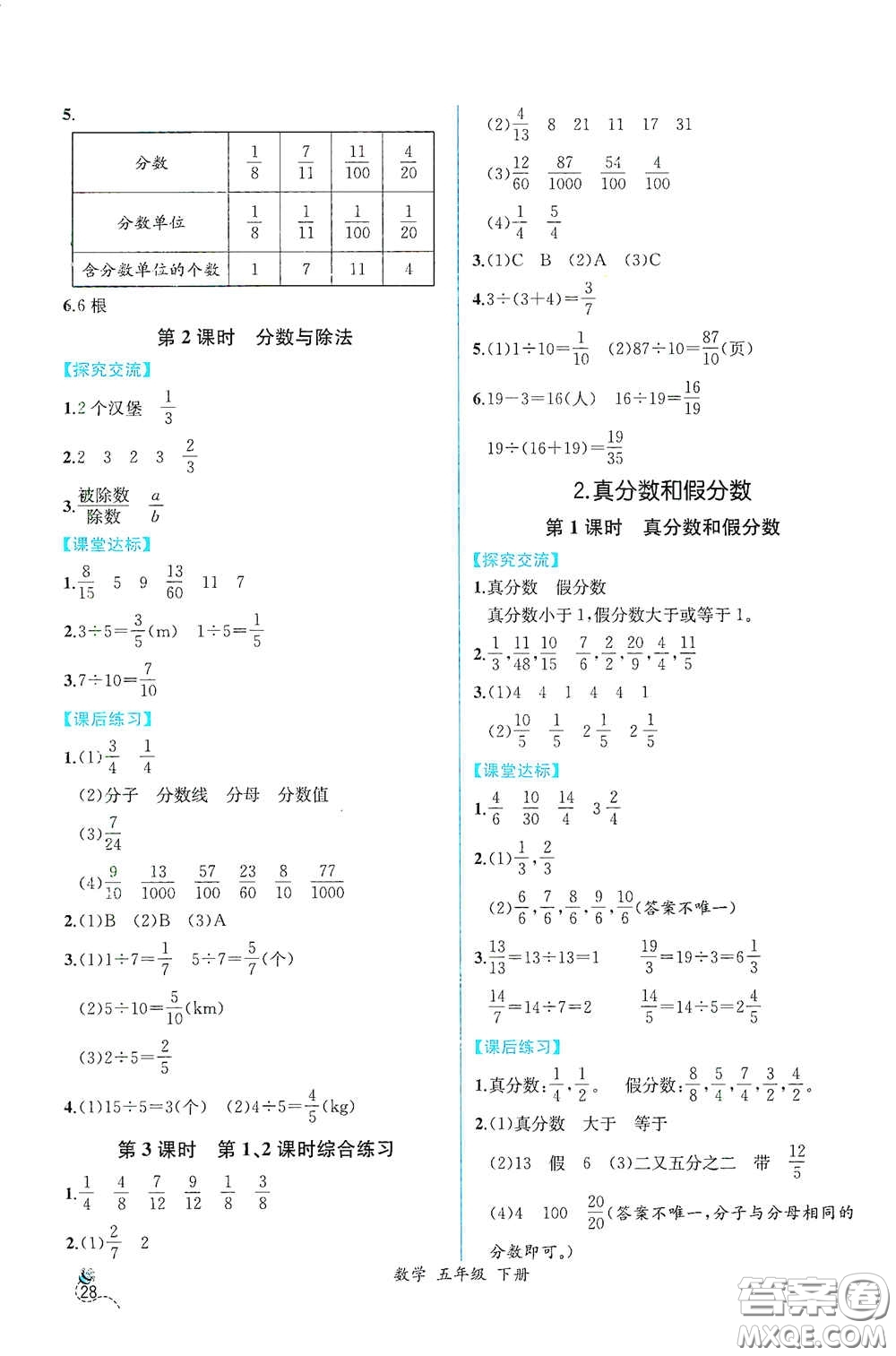 人民教育出版社2021同步導(dǎo)學(xué)案課時練五年級數(shù)學(xué)下冊人教版答案