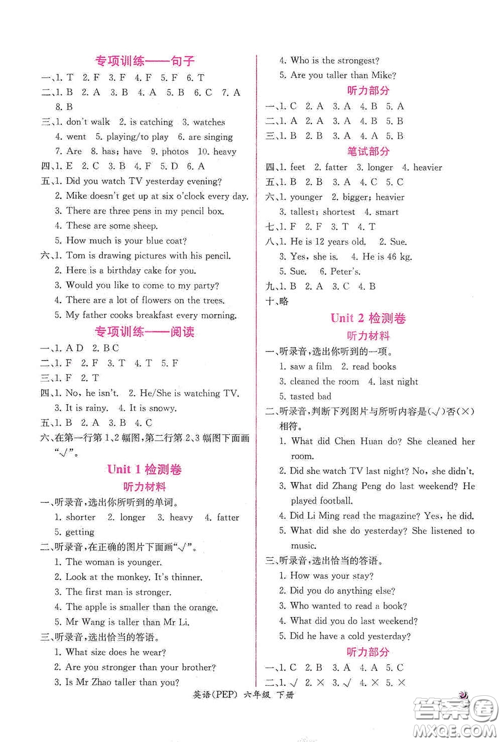 人民教育出版社2021同步導(dǎo)學(xué)案課時(shí)練六年級英語下冊人教版答案