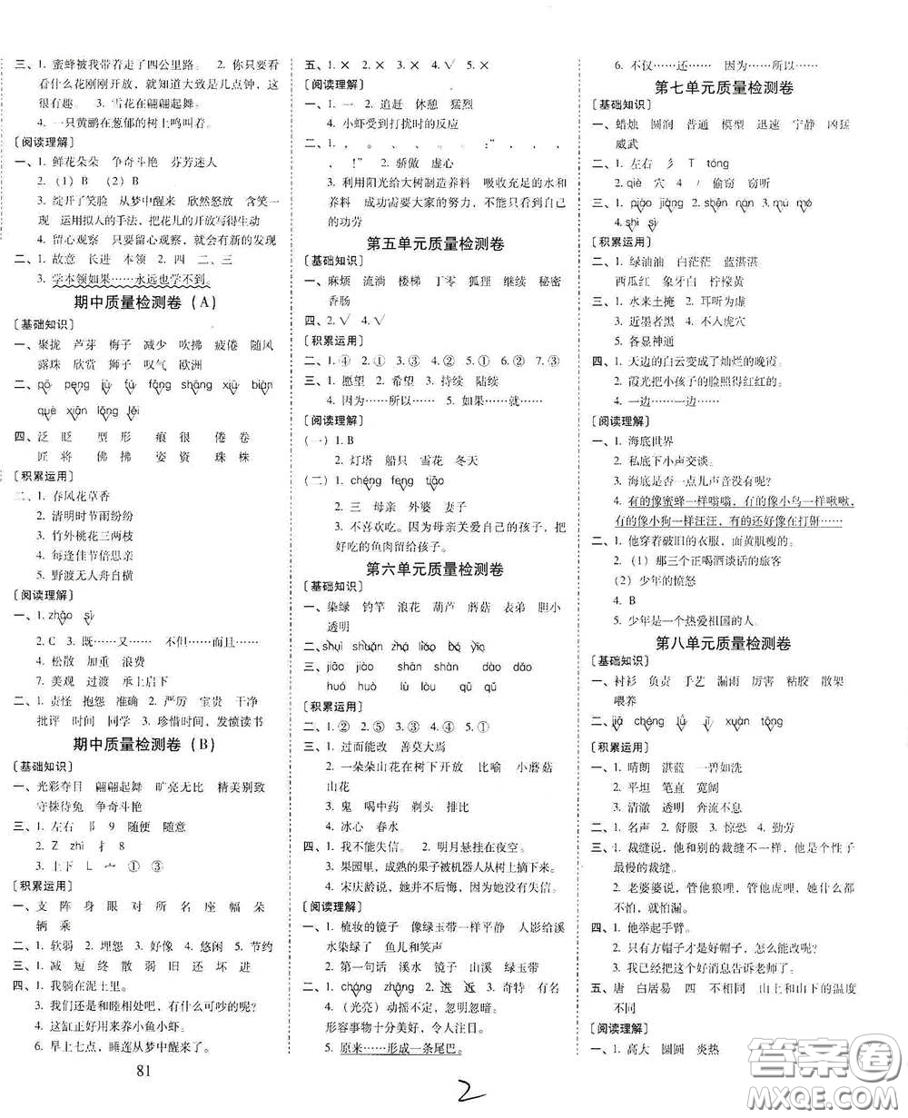 2021年春云南師大附小一線名師核心試卷三年級(jí)語(yǔ)文人教版答案