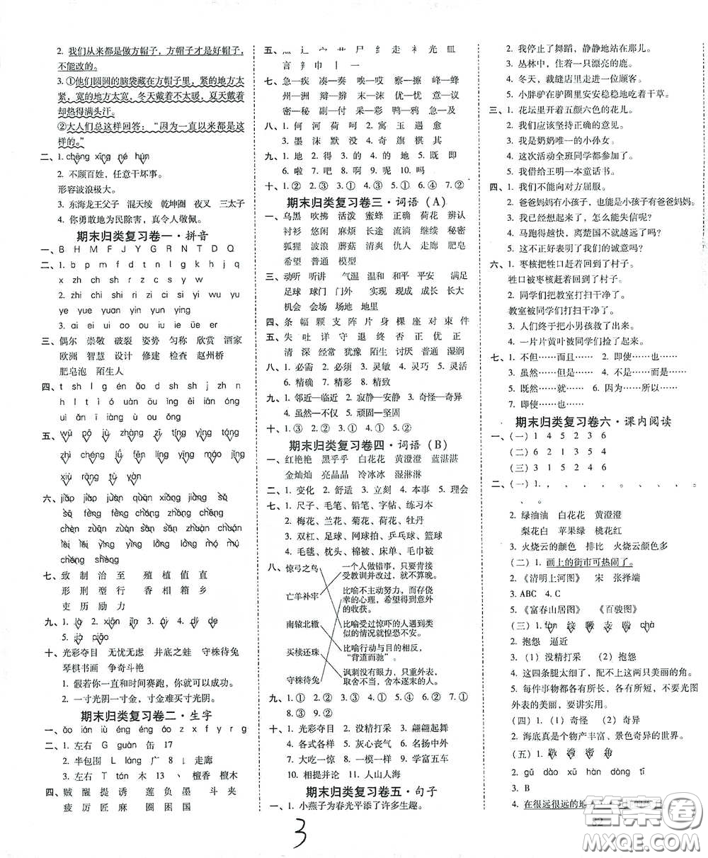 2021年春云南師大附小一線名師核心試卷三年級(jí)語(yǔ)文人教版答案