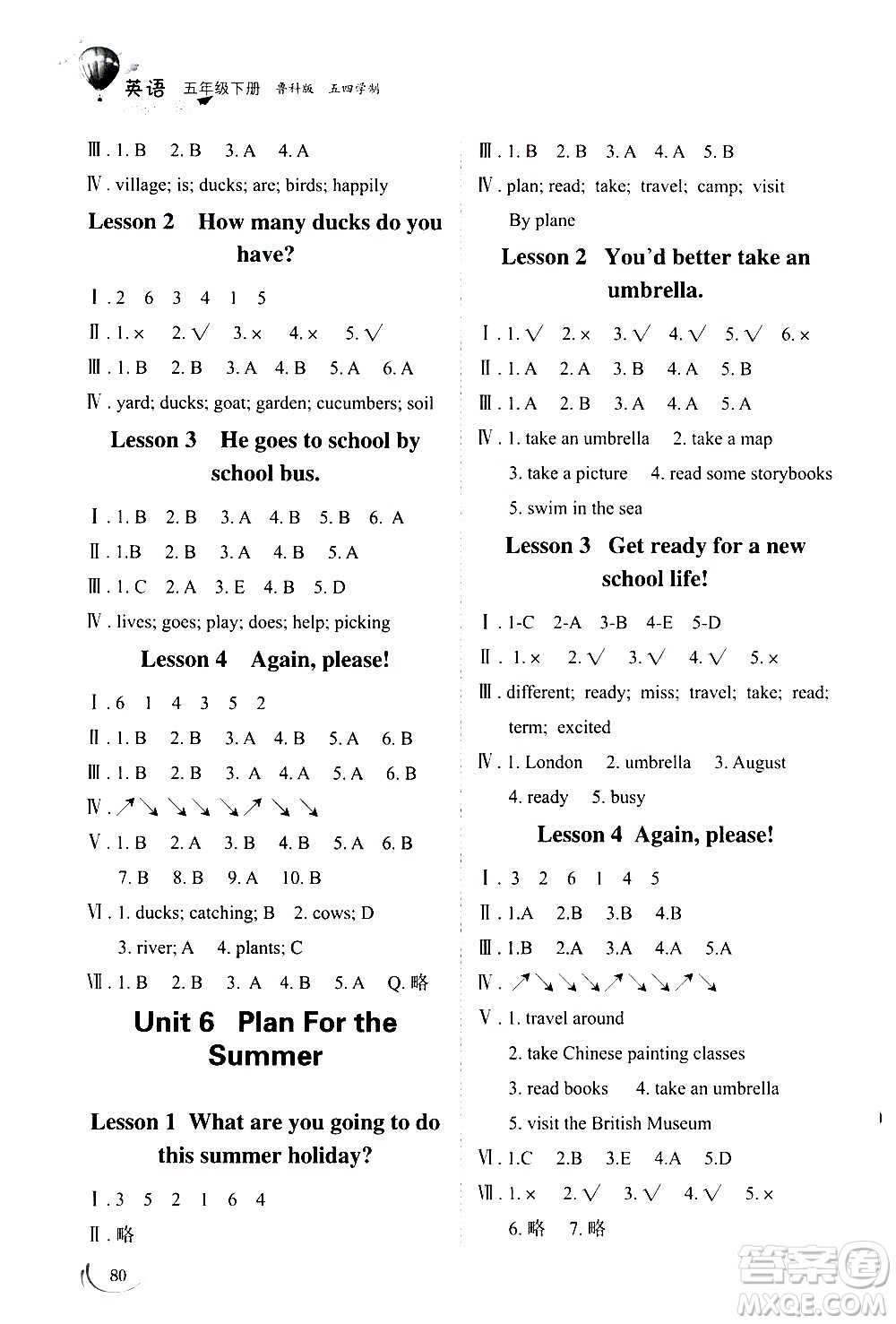 山東科學(xué)技術(shù)出版社2021小學(xué)同步練習冊英語五年級下冊魯科版答案