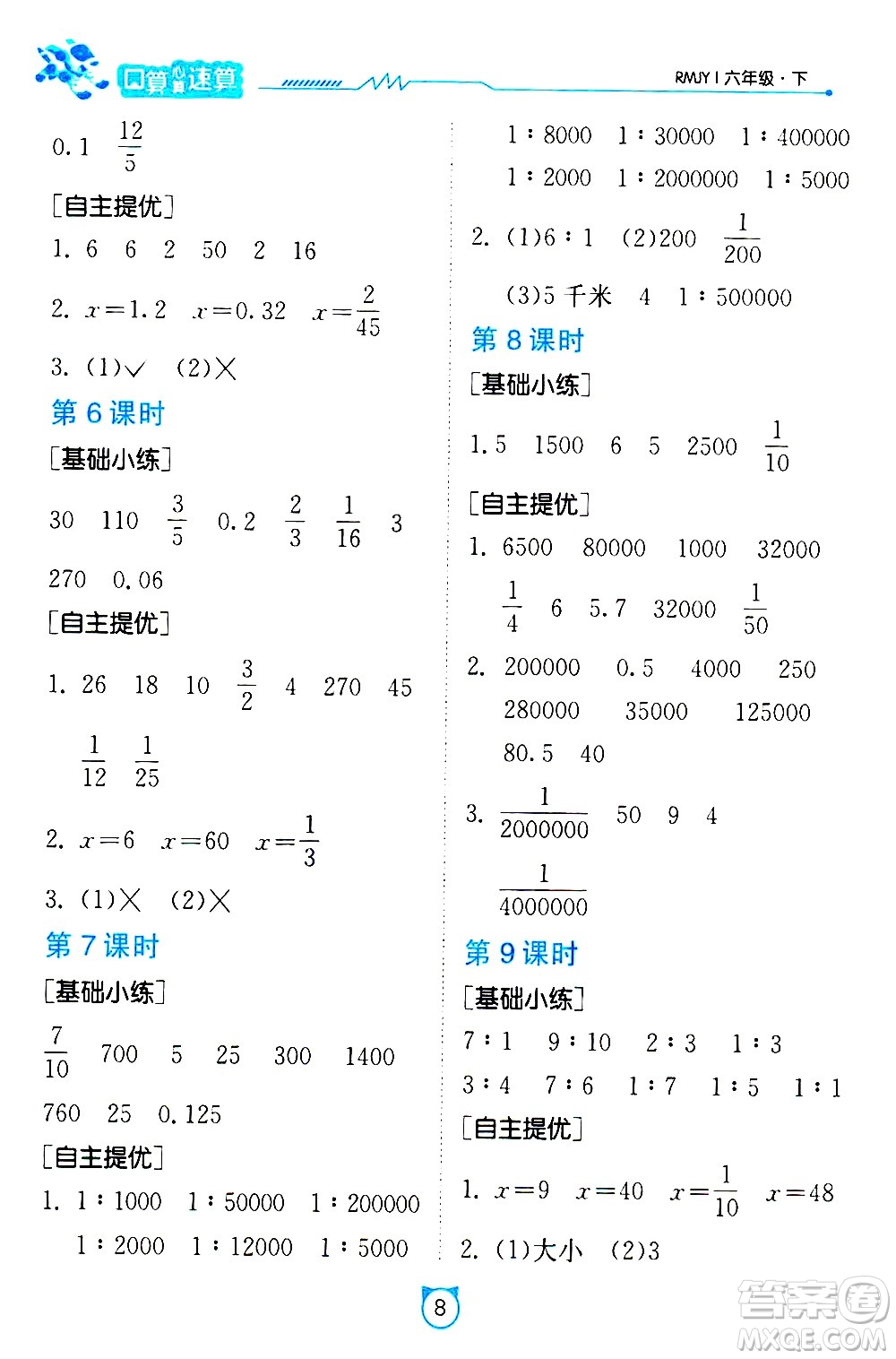 江蘇人民出版社2021小學(xué)數(shù)學(xué)口算速算提優(yōu)練習(xí)冊(cè)六年級(jí)下冊(cè)人教版答案
