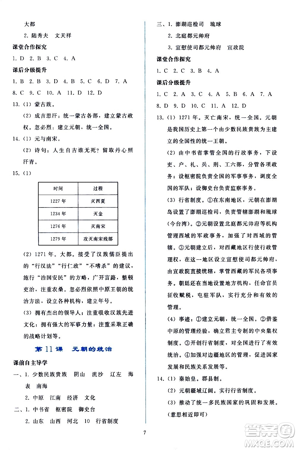 人民教育出版社2021同步輕松練習中國歷史七年級下冊人教版答案