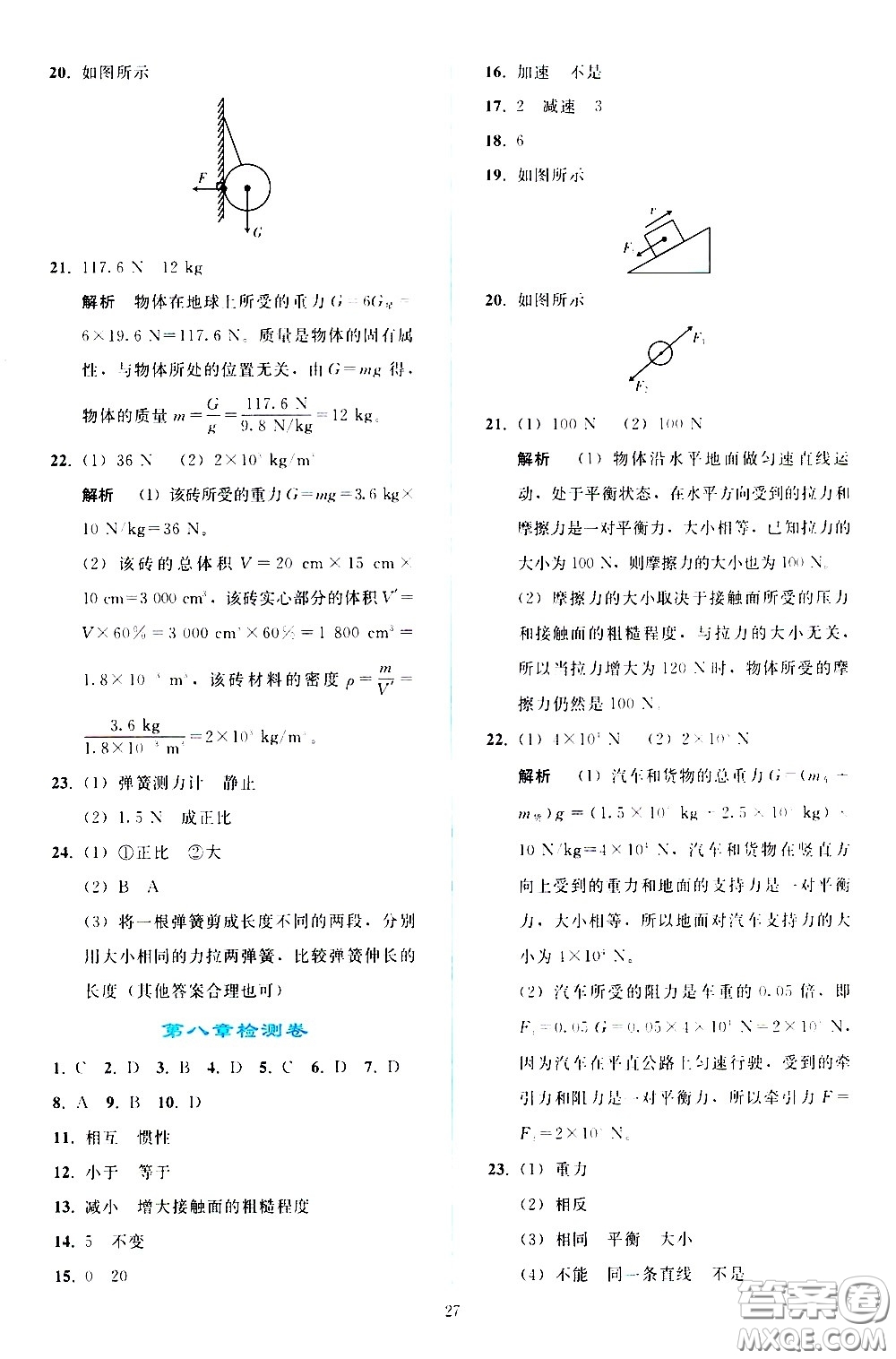 人民教育出版社2021同步輕松練習(xí)物理八年級下冊人教版答案