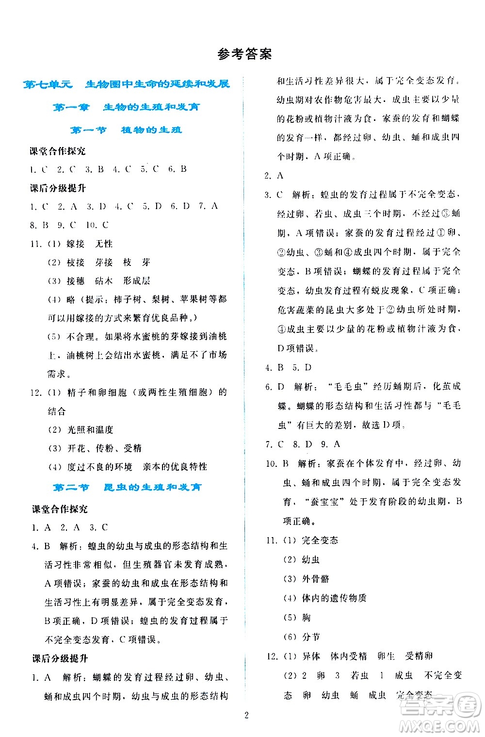 人民教育出版社2021同步輕松練習(xí)生物學(xué)八年級(jí)下冊(cè)人教版答案