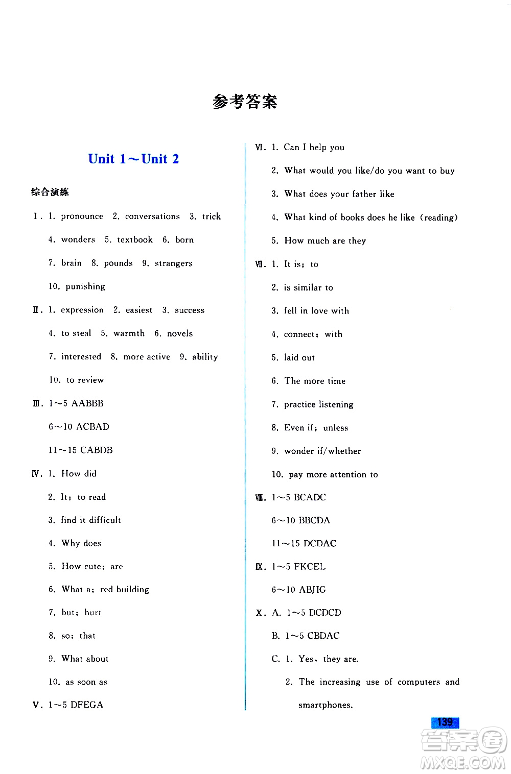 人民教育出版社2021同步輕松練習(xí)英語九年級(jí)綜合練習(xí)人教版答案