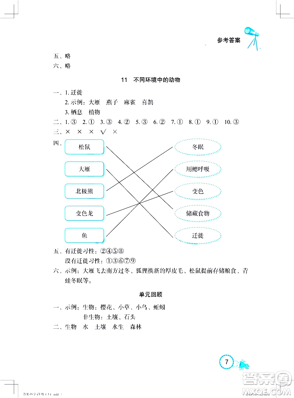 湖北教育出版社2021長(zhǎng)江作業(yè)本課堂作業(yè)科學(xué)四年級(jí)下冊(cè)人教鄂教版答案