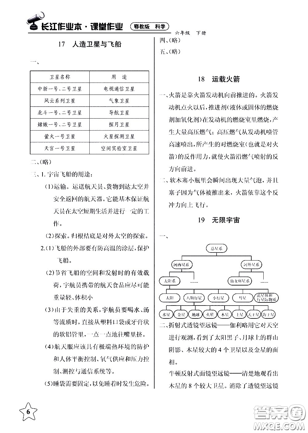 湖北教育出版社2021長江作業(yè)本課堂作業(yè)科學六年級下冊鄂教版答案