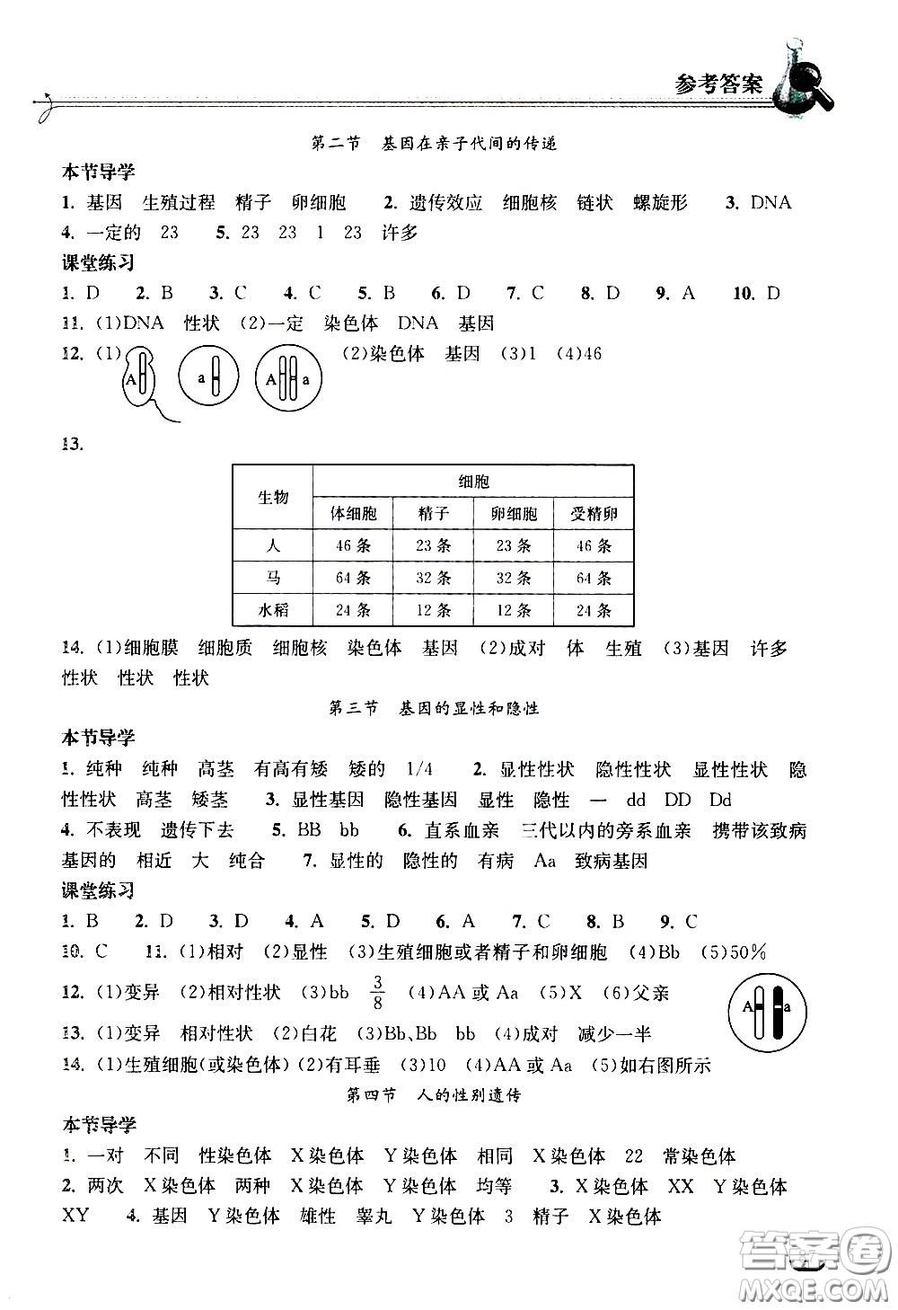 湖北教育出版社2021長江作業(yè)本同步練習冊生物學八年級下冊人教版答案