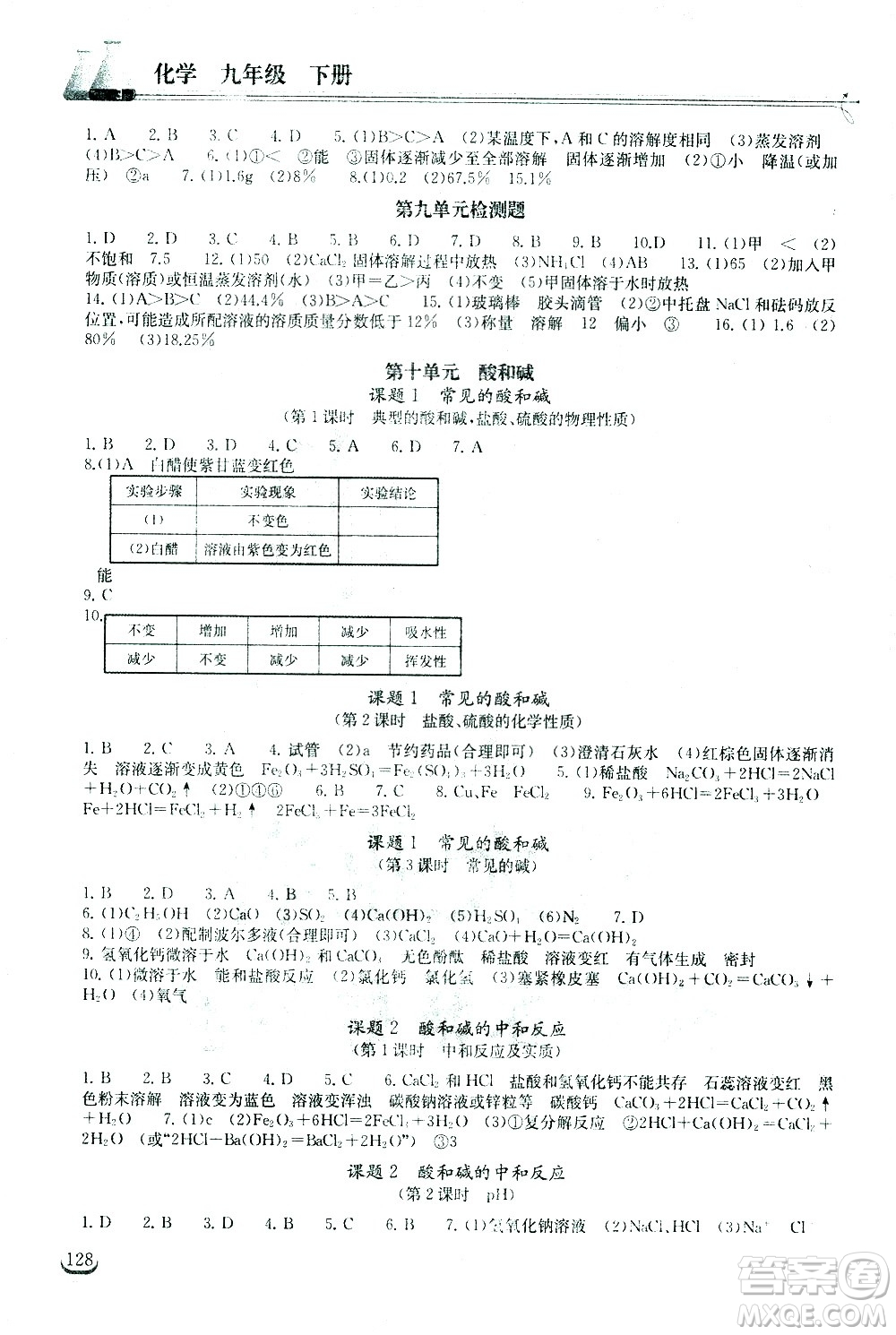 湖北教育出版社2021長江作業(yè)本同步練習冊化學九年級下冊人教版答案