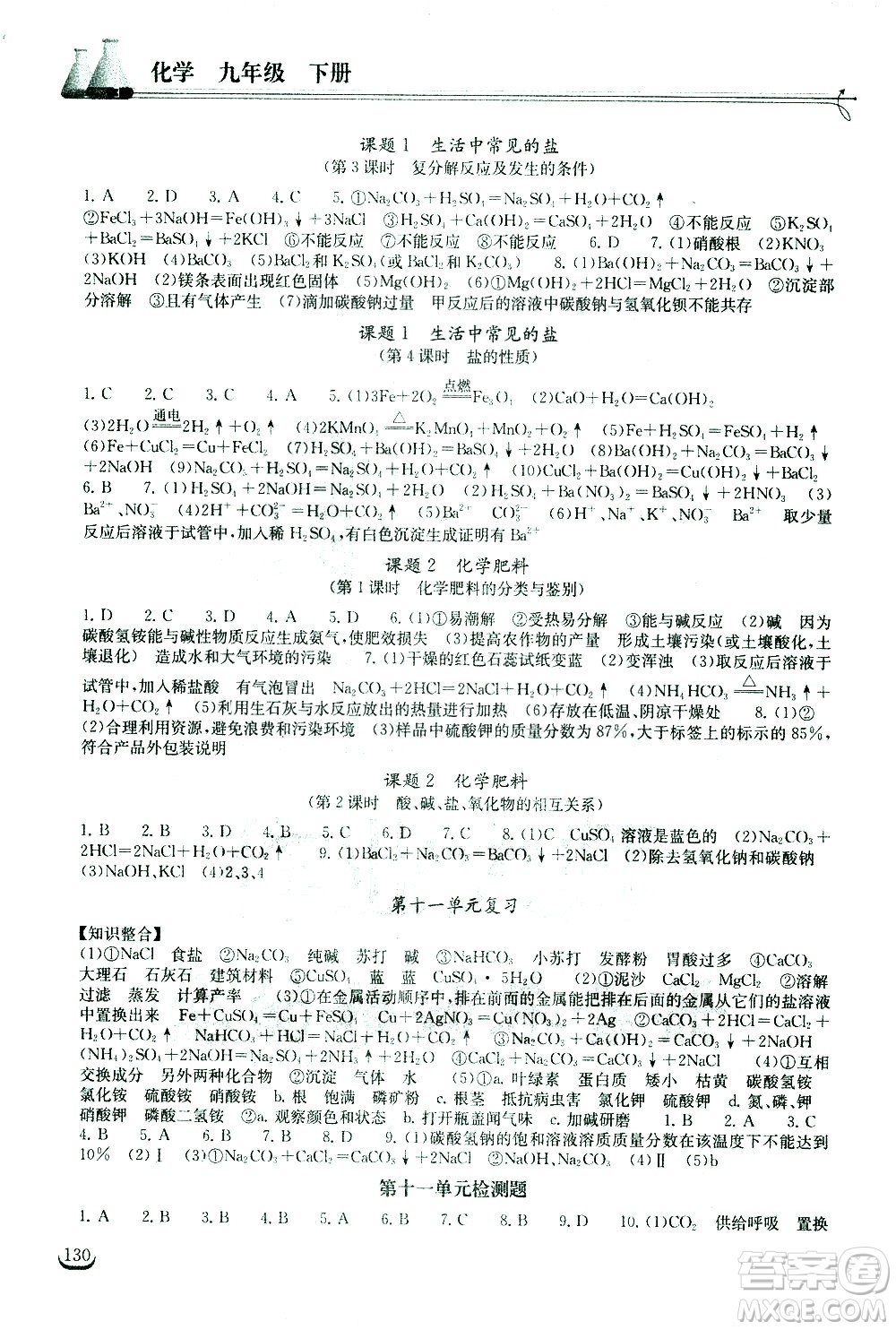 湖北教育出版社2021長江作業(yè)本同步練習冊化學九年級下冊人教版答案