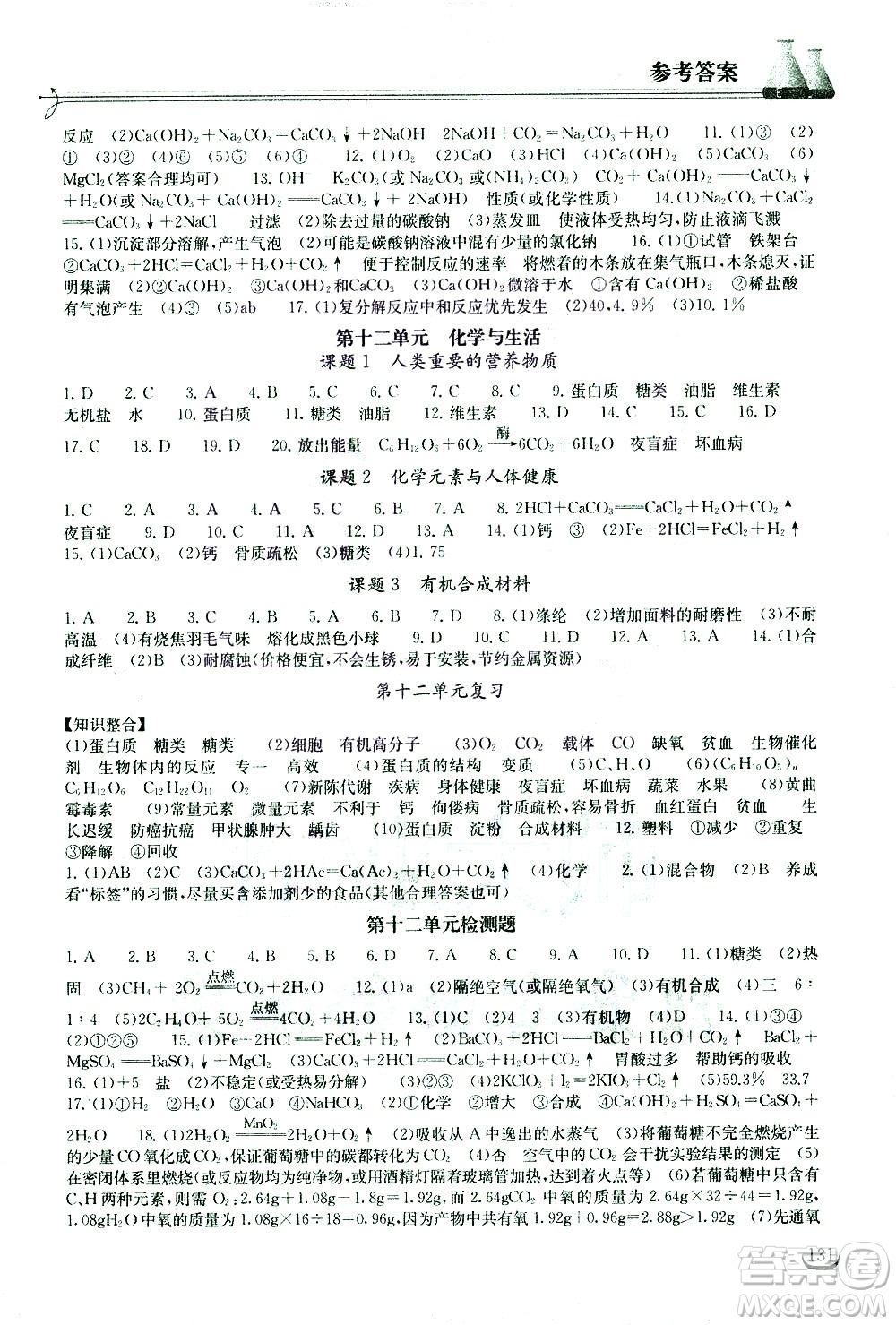 湖北教育出版社2021長江作業(yè)本同步練習冊化學九年級下冊人教版答案