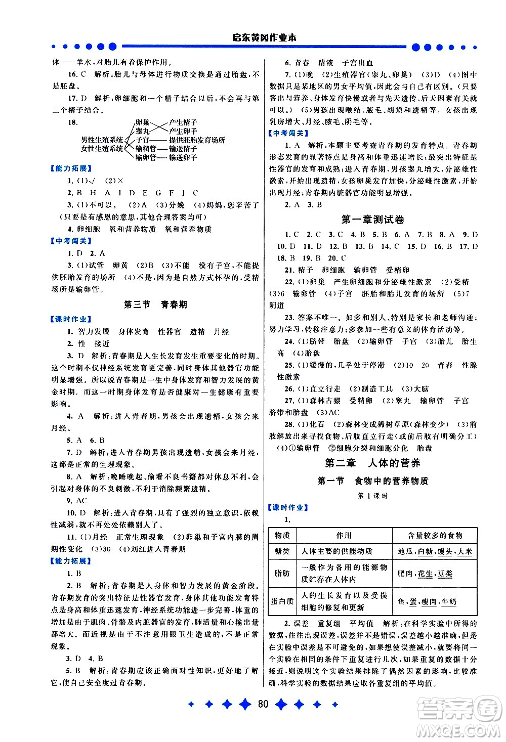 黃山書(shū)社2021啟東黃岡作業(yè)本七年級(jí)下冊(cè)生物人民教育版答案