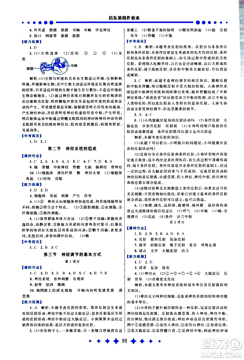 黃山書(shū)社2021啟東黃岡作業(yè)本七年級(jí)下冊(cè)生物人民教育版答案