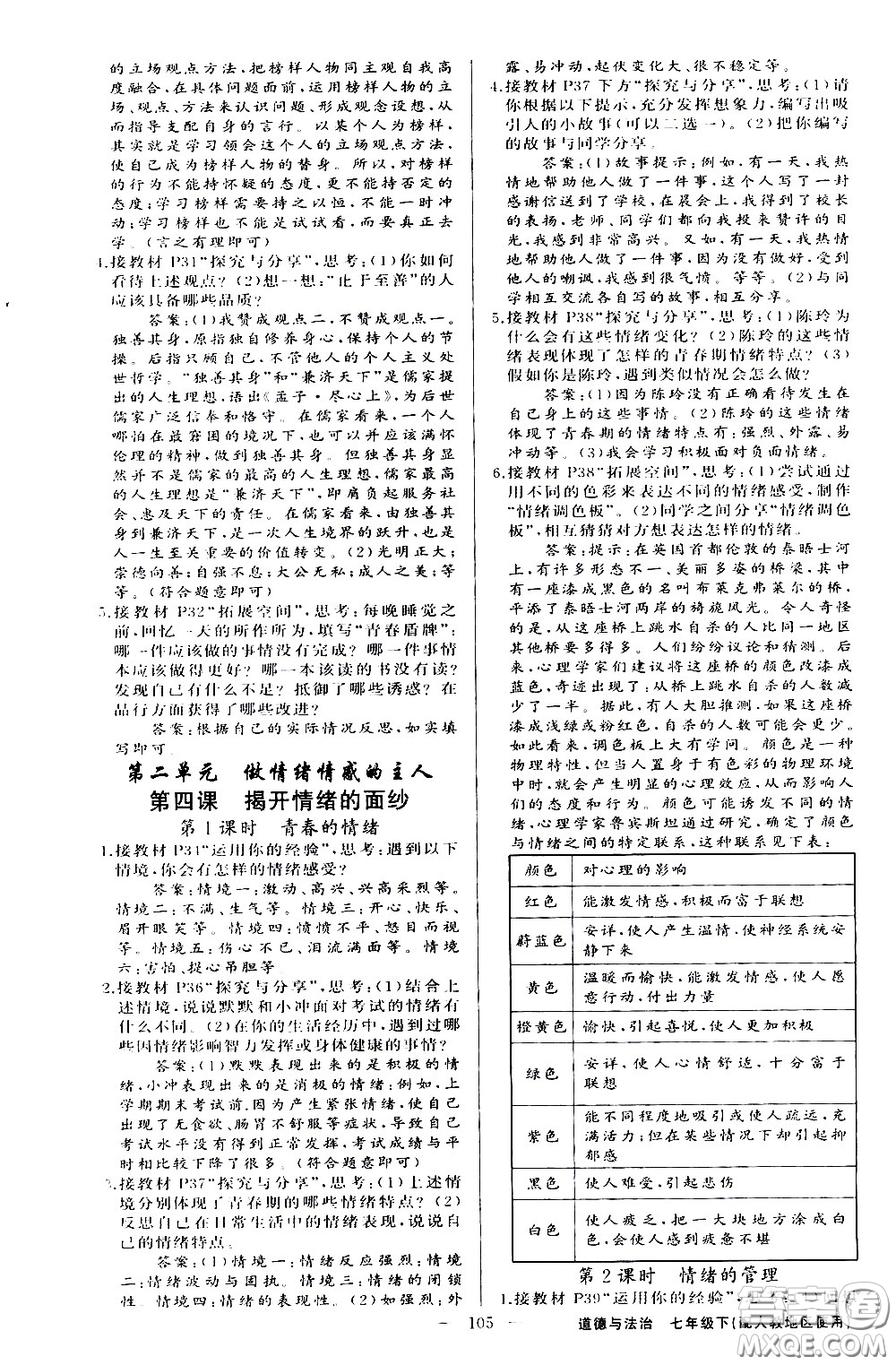 新疆青少年出版社2021原創(chuàng)新課堂道德與法治七年級下人教版答案