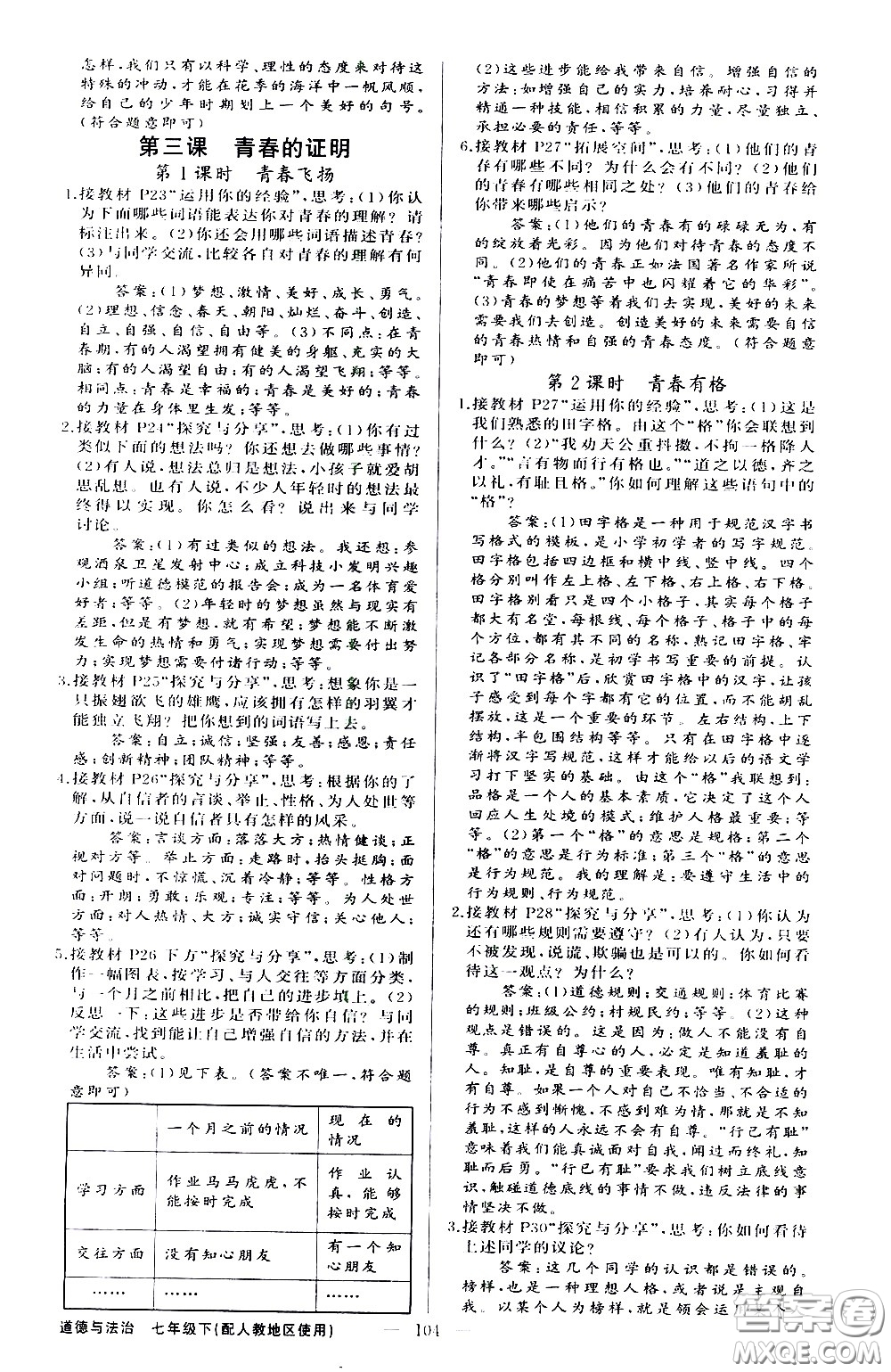 新疆青少年出版社2021原創(chuàng)新課堂道德與法治七年級下人教版答案