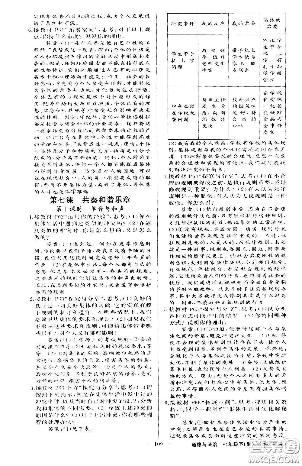新疆青少年出版社2021原創(chuàng)新課堂道德與法治七年級下人教版答案