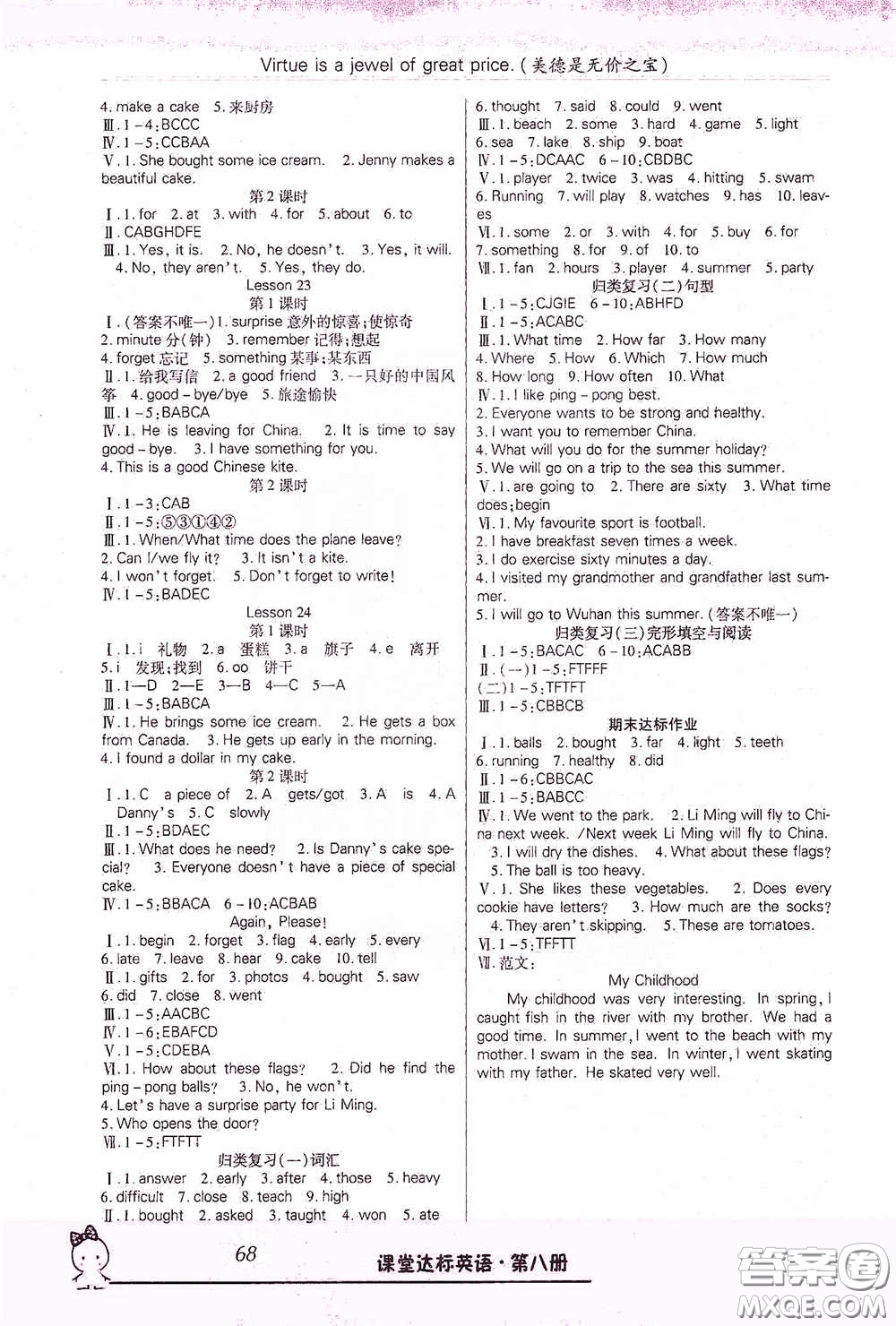 云南美術(shù)出版社2021哈福寶貝系列好學(xué)生課堂達(dá)標(biāo)英語六年級下冊三年級起點(diǎn)冀教版答案