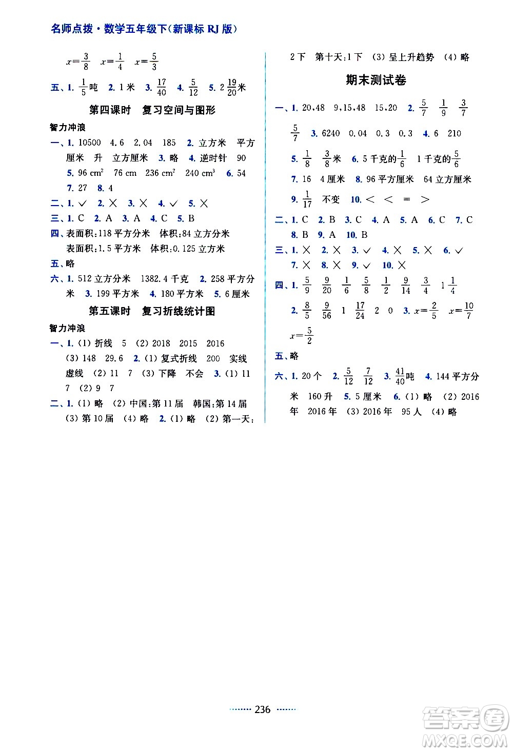 東南大學(xué)出版社2021名師點(diǎn)撥課課通教材全解析數(shù)學(xué)五年級下新課標(biāo)RJ人教版答案