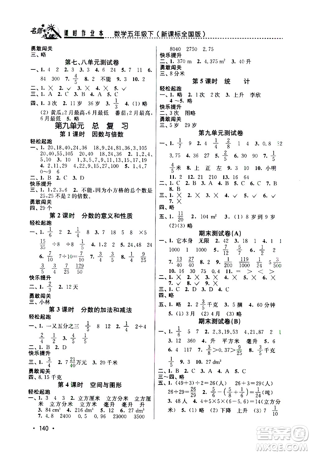 東南大學(xué)出版社2021名師點(diǎn)撥課時(shí)作業(yè)本數(shù)學(xué)五年級(jí)下新課標(biāo)全國(guó)版答案