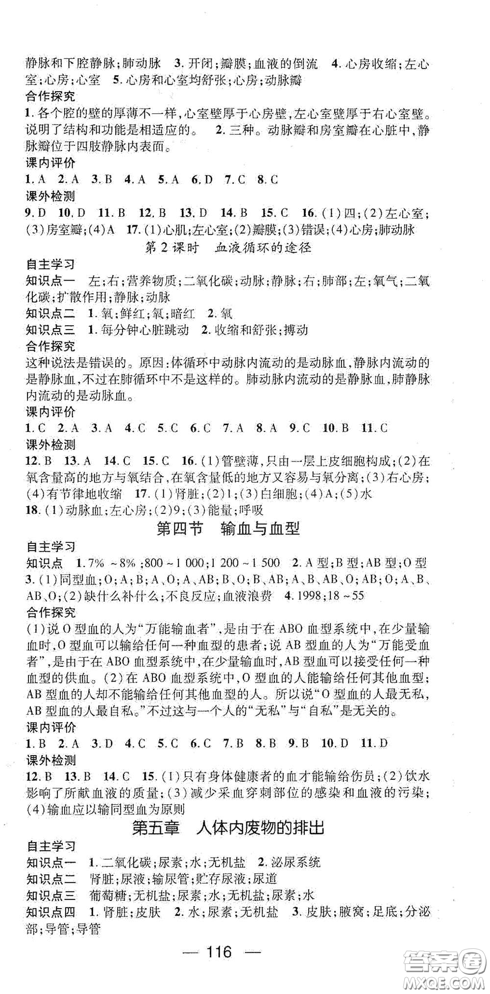 陽(yáng)光出版社2021精英新課堂七年級(jí)生物下冊(cè)人教版答案