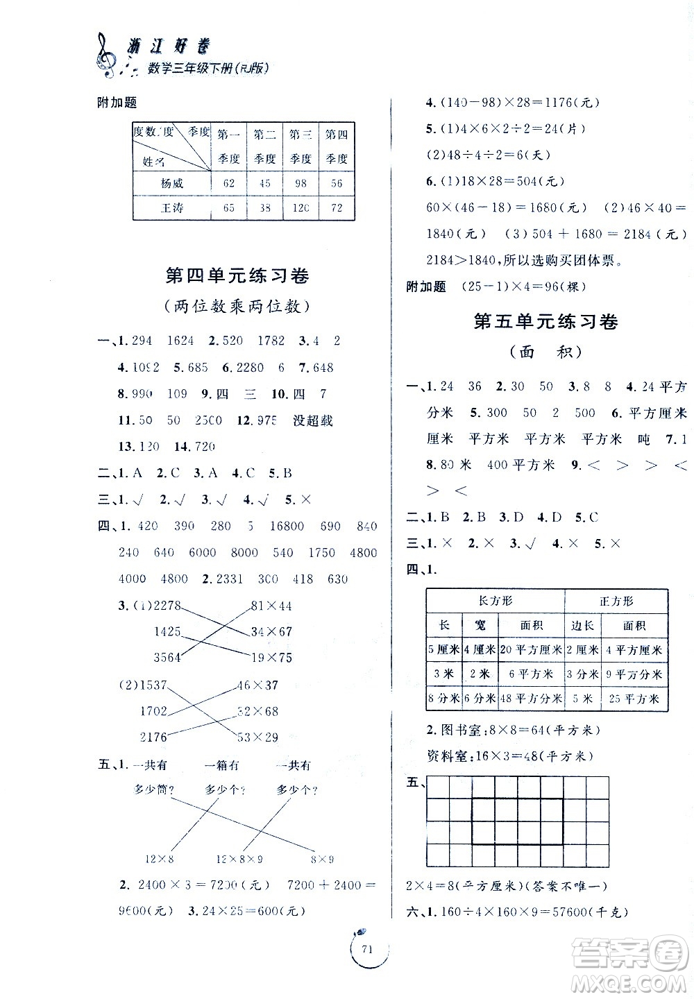 寧波出版社2021浙江好卷數(shù)學(xué)三年級(jí)下冊(cè)RJ人教版答案