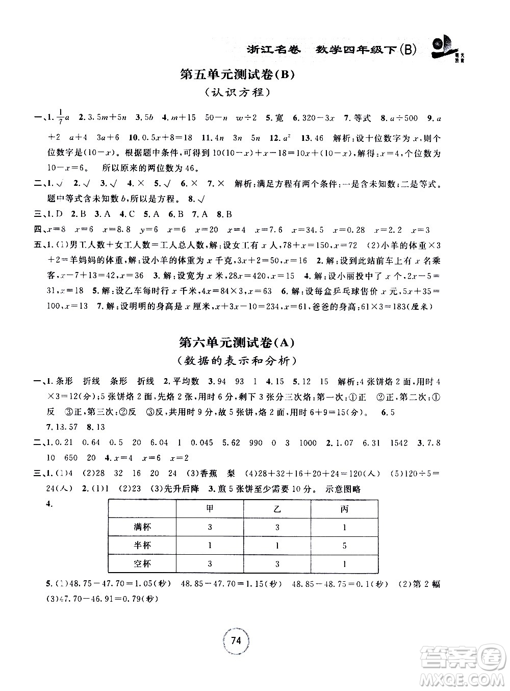浙江大學出版社2021浙江名卷數(shù)學四年級下冊B北師大版答案