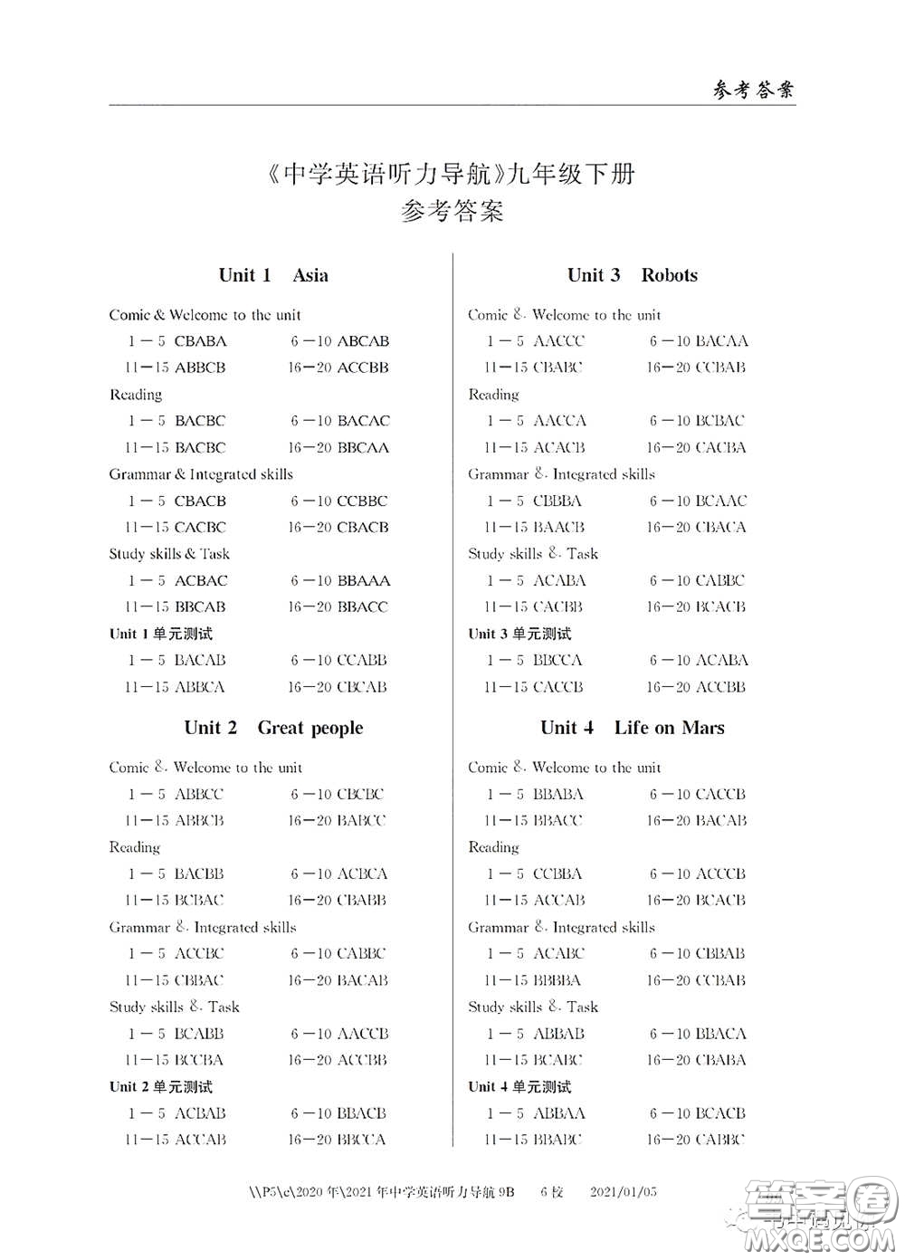 2021中學(xué)英語(yǔ)聽力導(dǎo)航九年級(jí)下冊(cè)答案