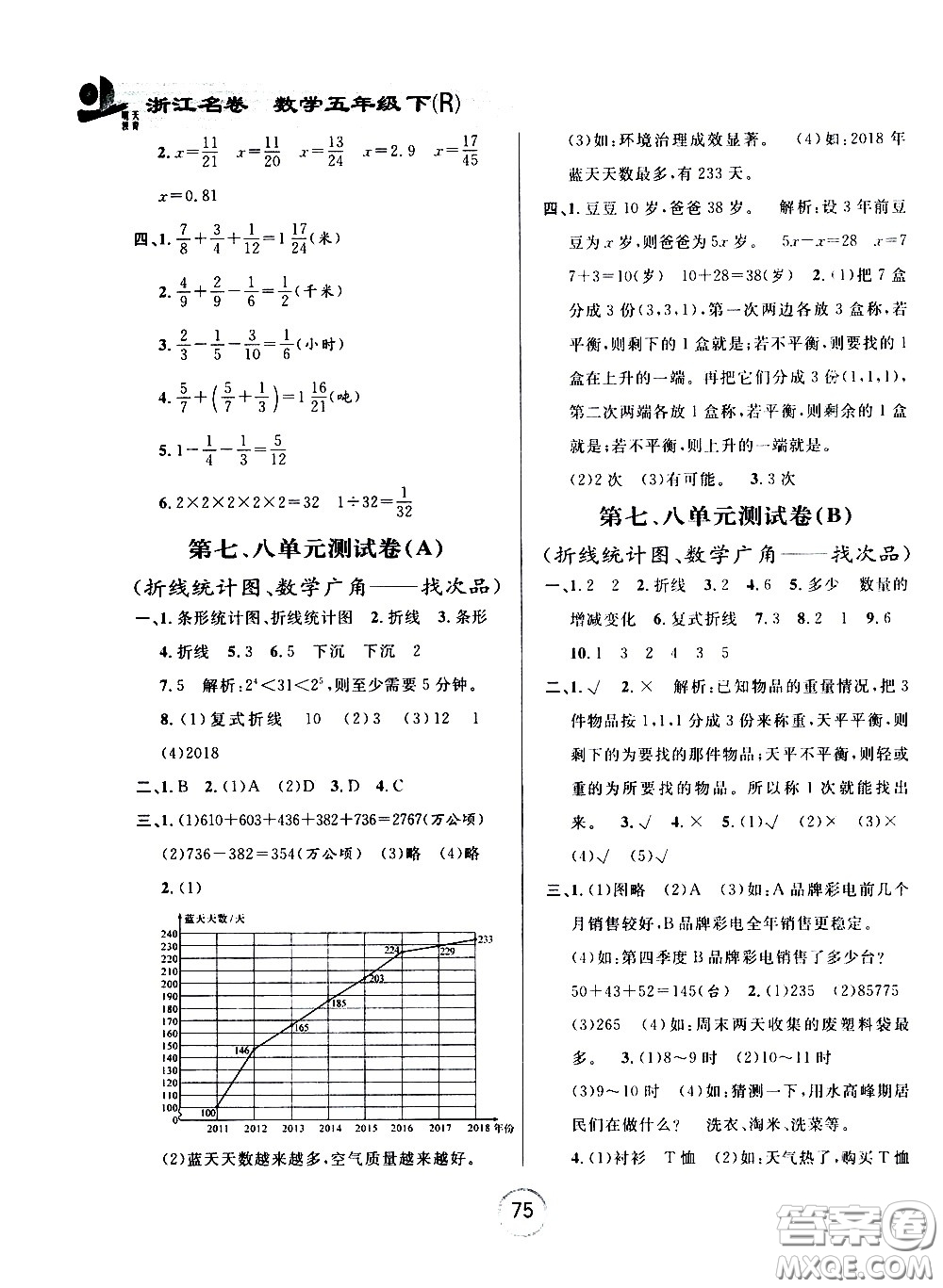 浙江大學(xué)出版社2021浙江名卷數(shù)學(xué)五年級下冊R人教版答案