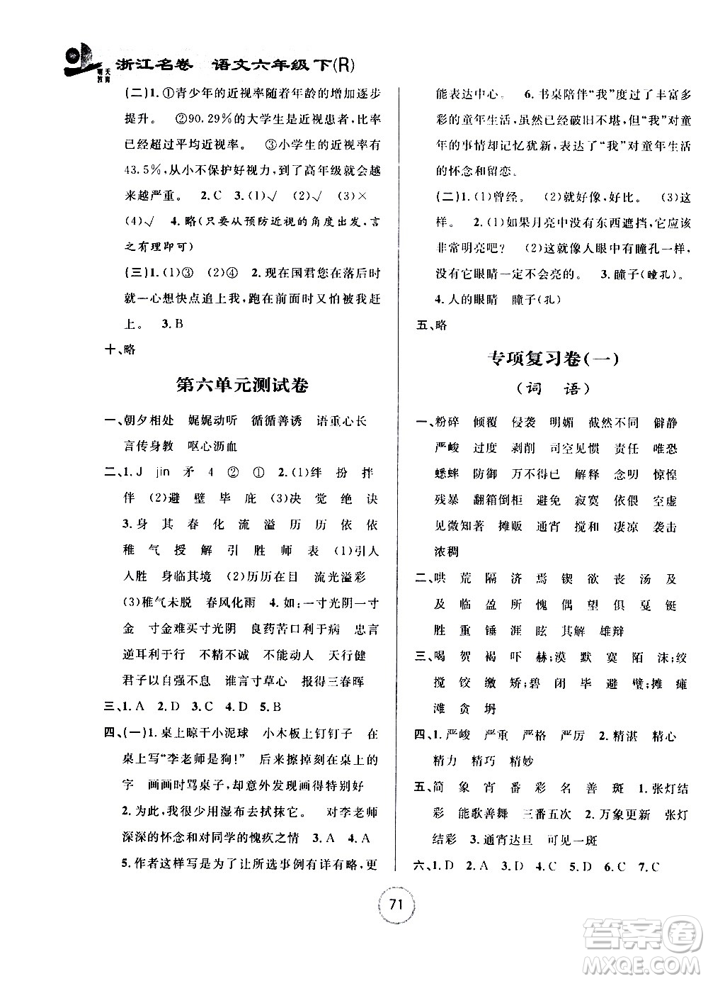 浙江大學(xué)出版社2021浙江名卷語(yǔ)文六年級(jí)下冊(cè)R人教版答案