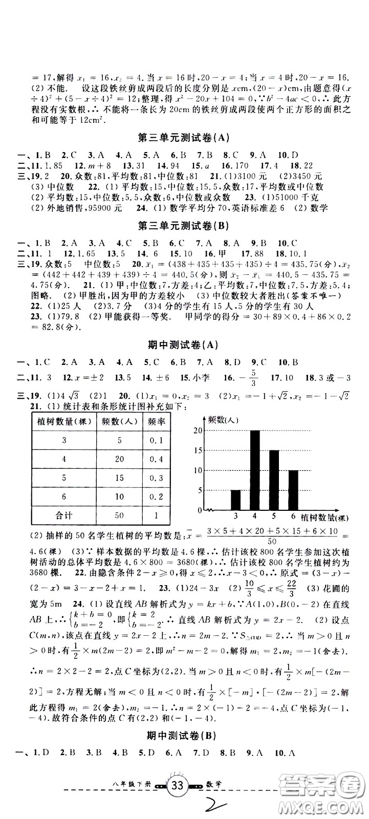 浙江大學出版社2021浙江名卷數(shù)學八年級下冊Z浙教版答案