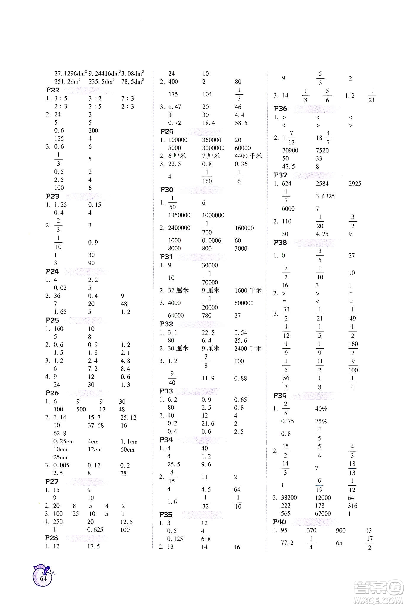 遼寧教育出版社2021年尖子生計(jì)算作業(yè)本六年級人教版下冊答案