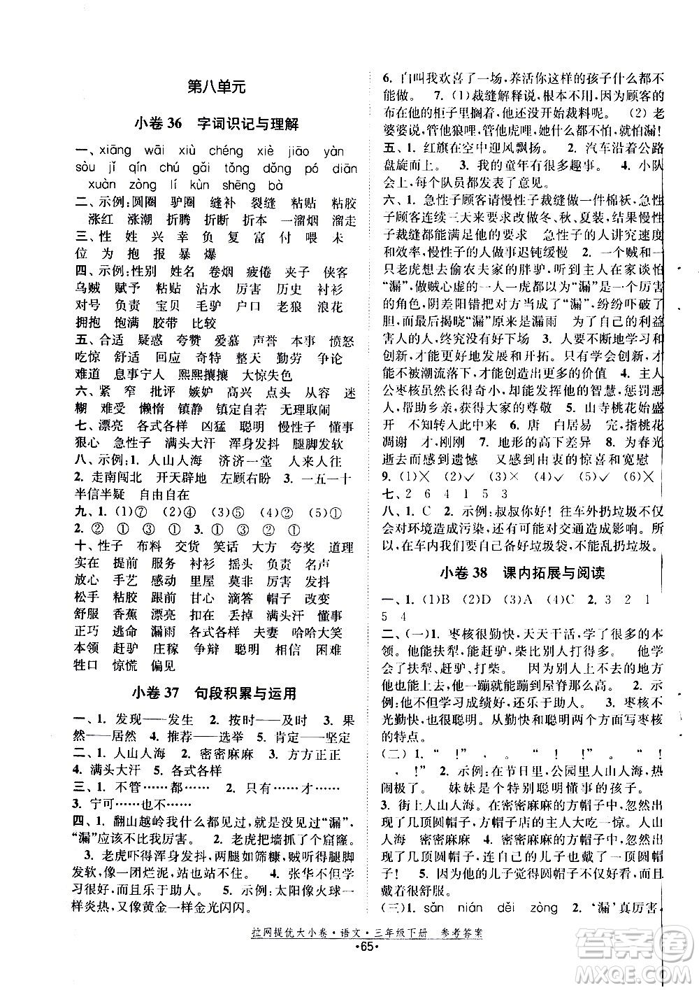 福建人民出版社2021拉網提優(yōu)大小卷語文三年級下冊人教版答案