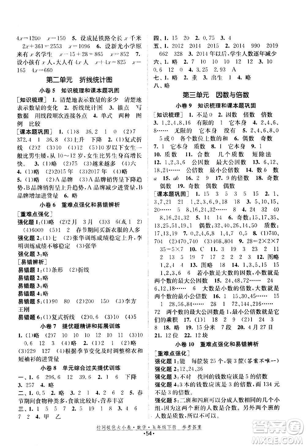 福建人民出版社2021拉網(wǎng)提優(yōu)大小卷數(shù)學五年級下冊SJ蘇教版答案