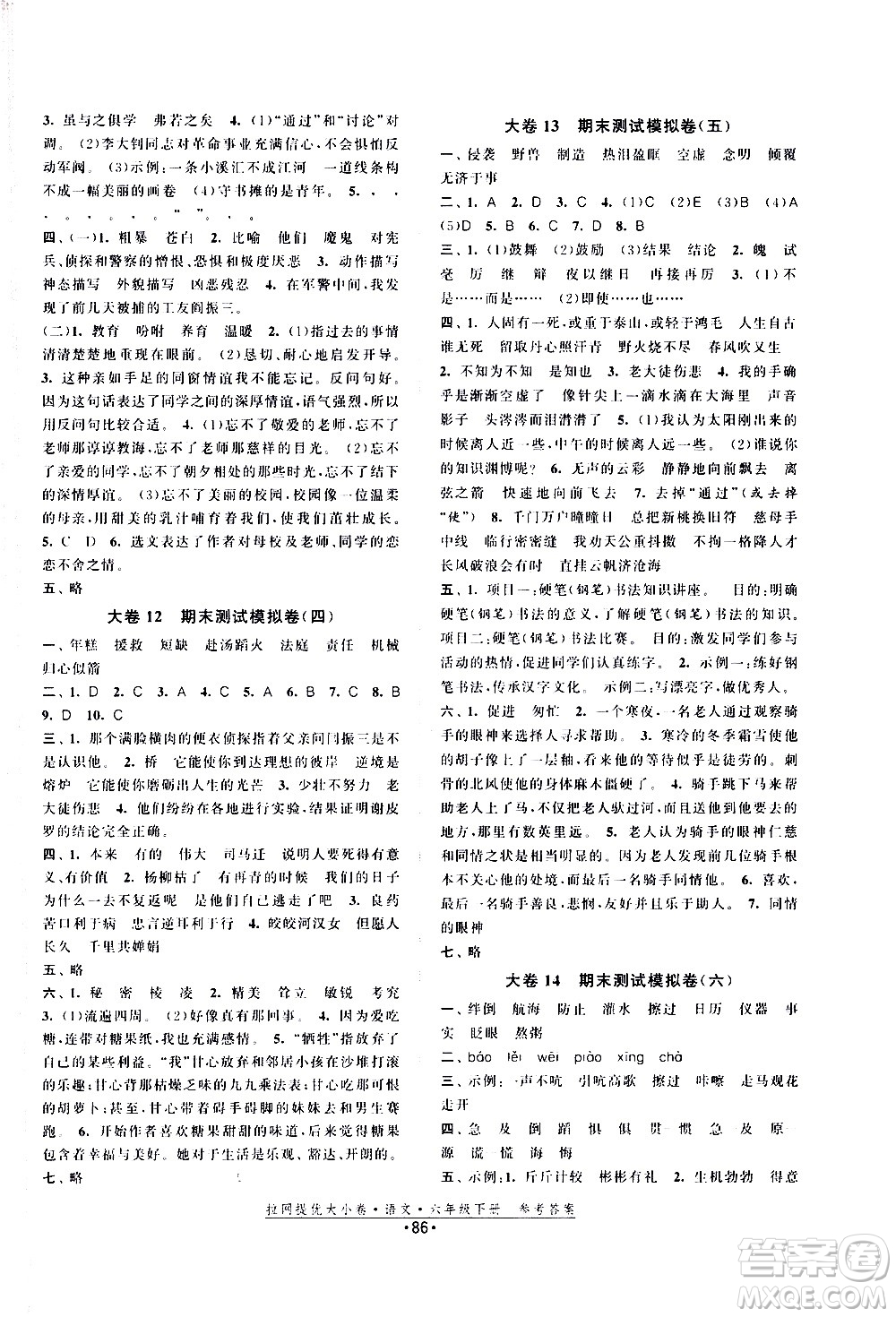 福建人民出版社2021拉網提優(yōu)大小卷語文六年級下冊人教版答案