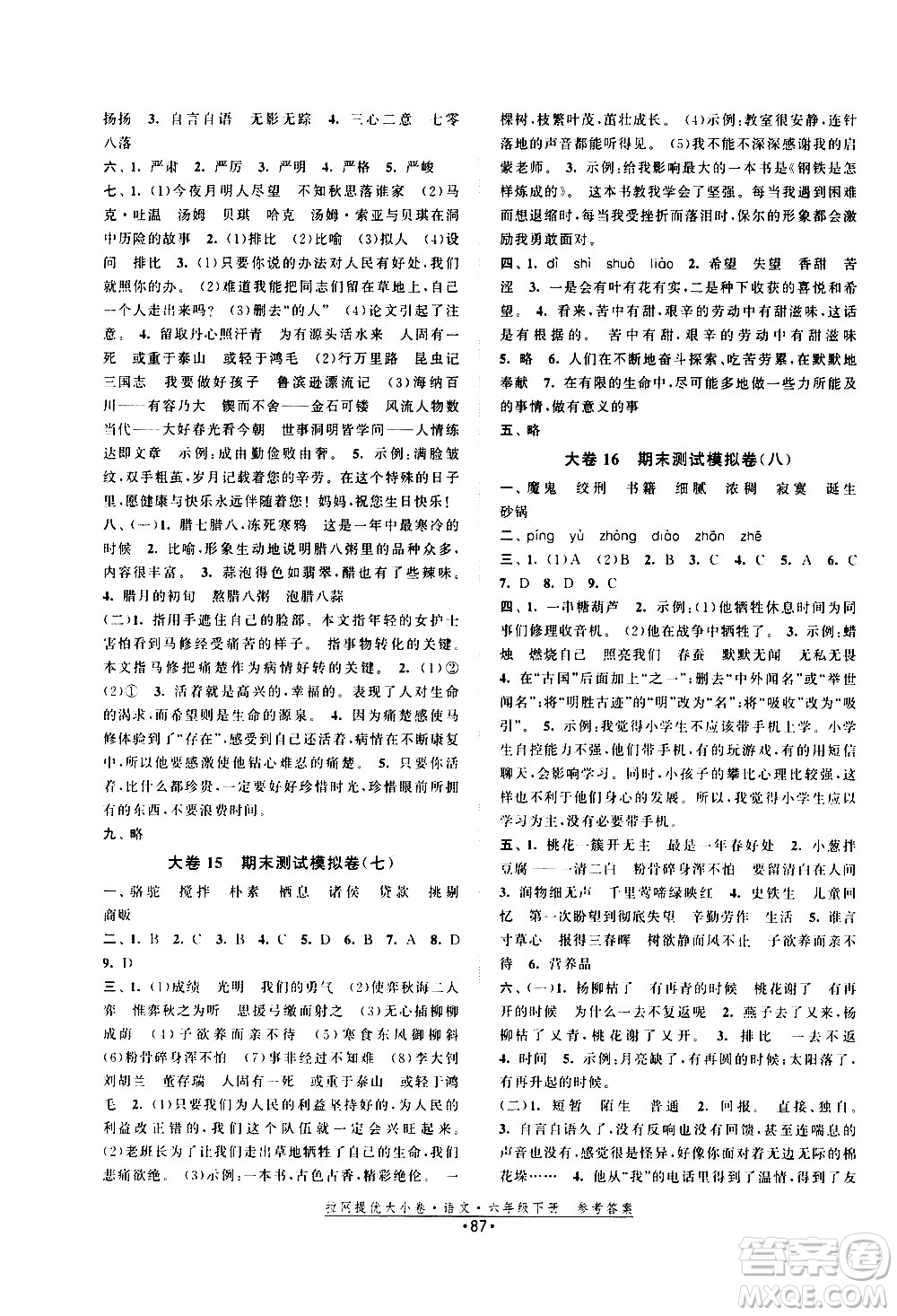 福建人民出版社2021拉網提優(yōu)大小卷語文六年級下冊人教版答案