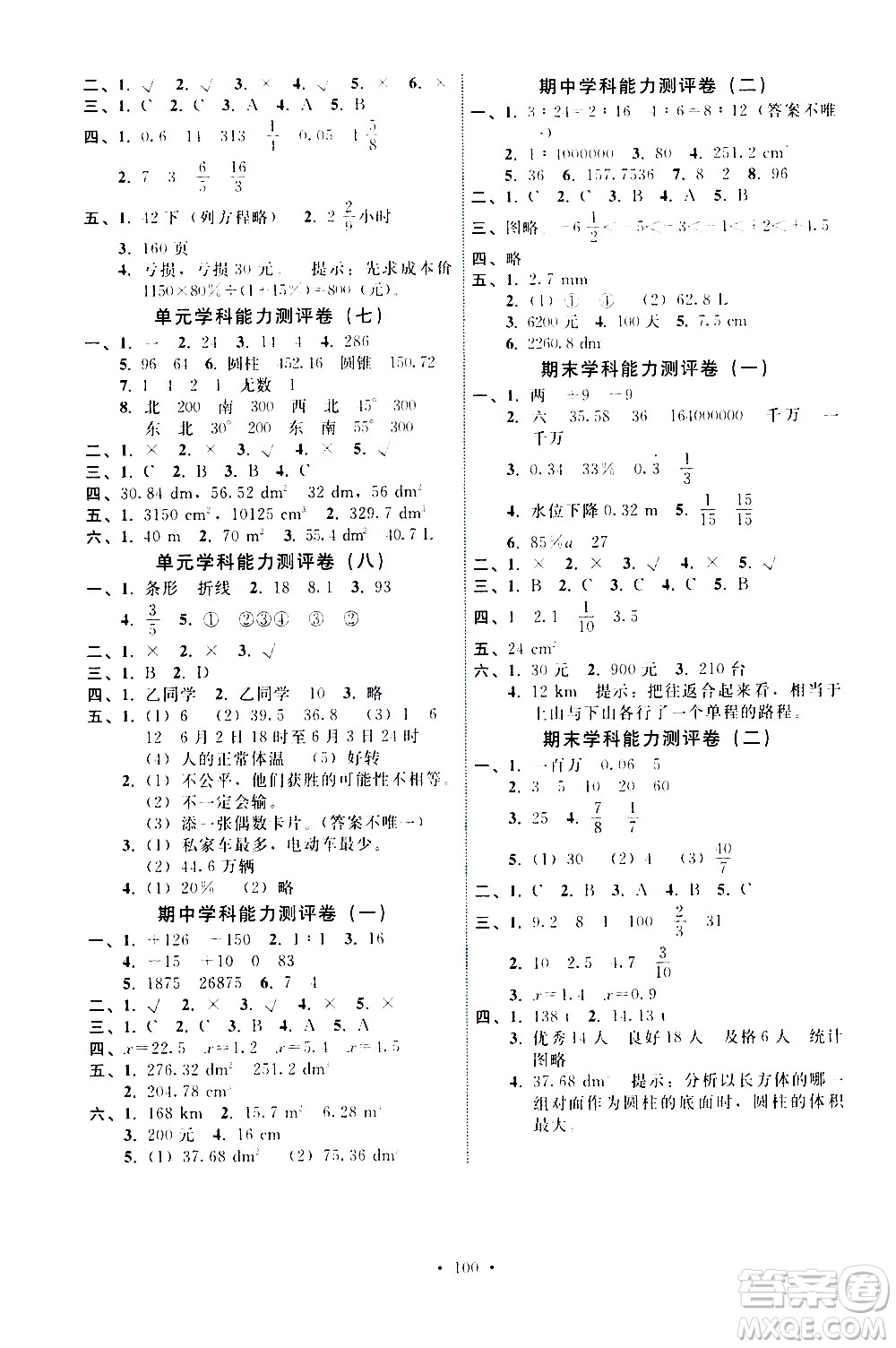人民教育出版社2021能力培養(yǎng)與測試數(shù)學(xué)六年級(jí)下冊人教版答案