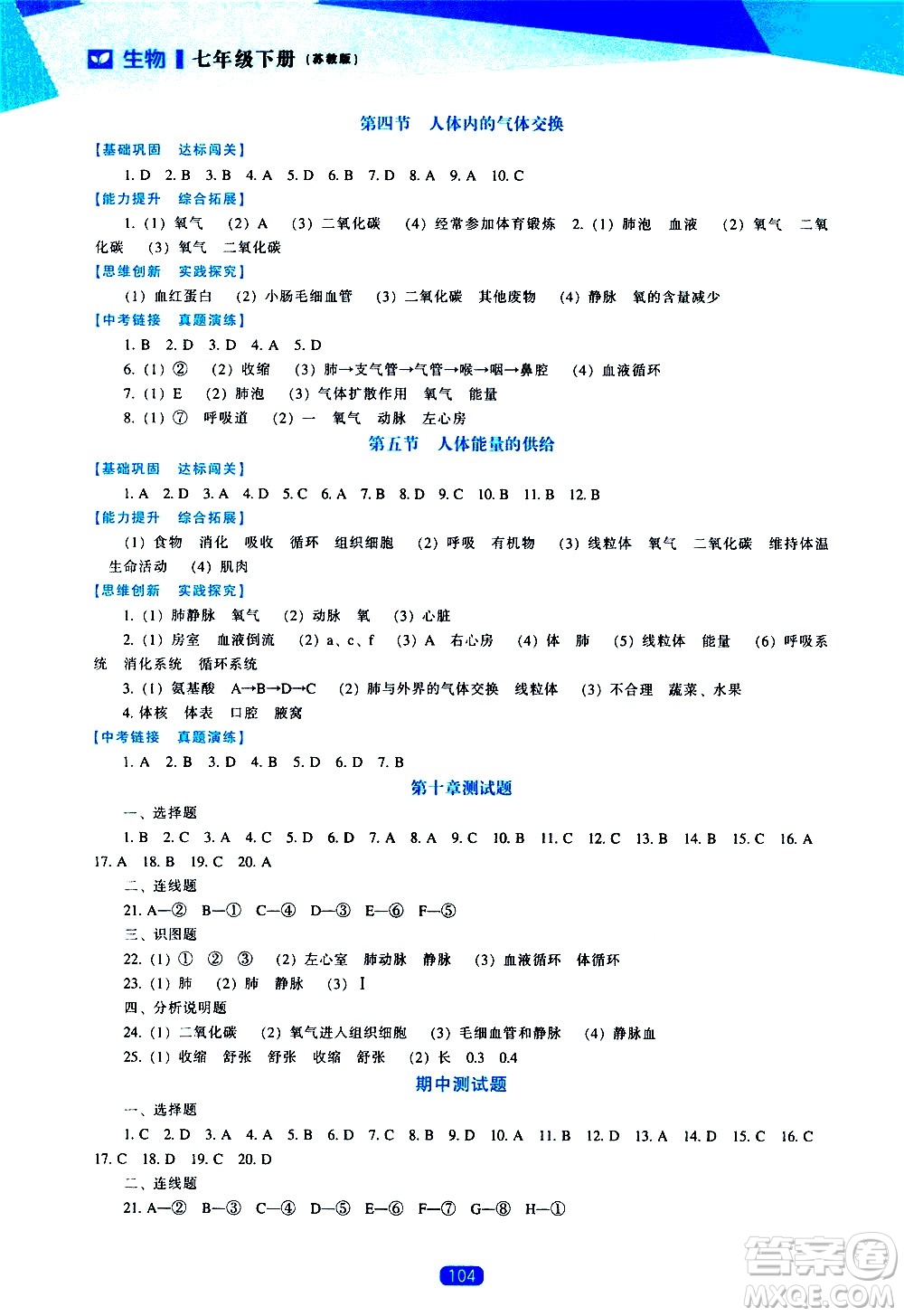 遼海出版社2021新課程生物能力培養(yǎng)七年級(jí)下冊(cè)蘇教版答案