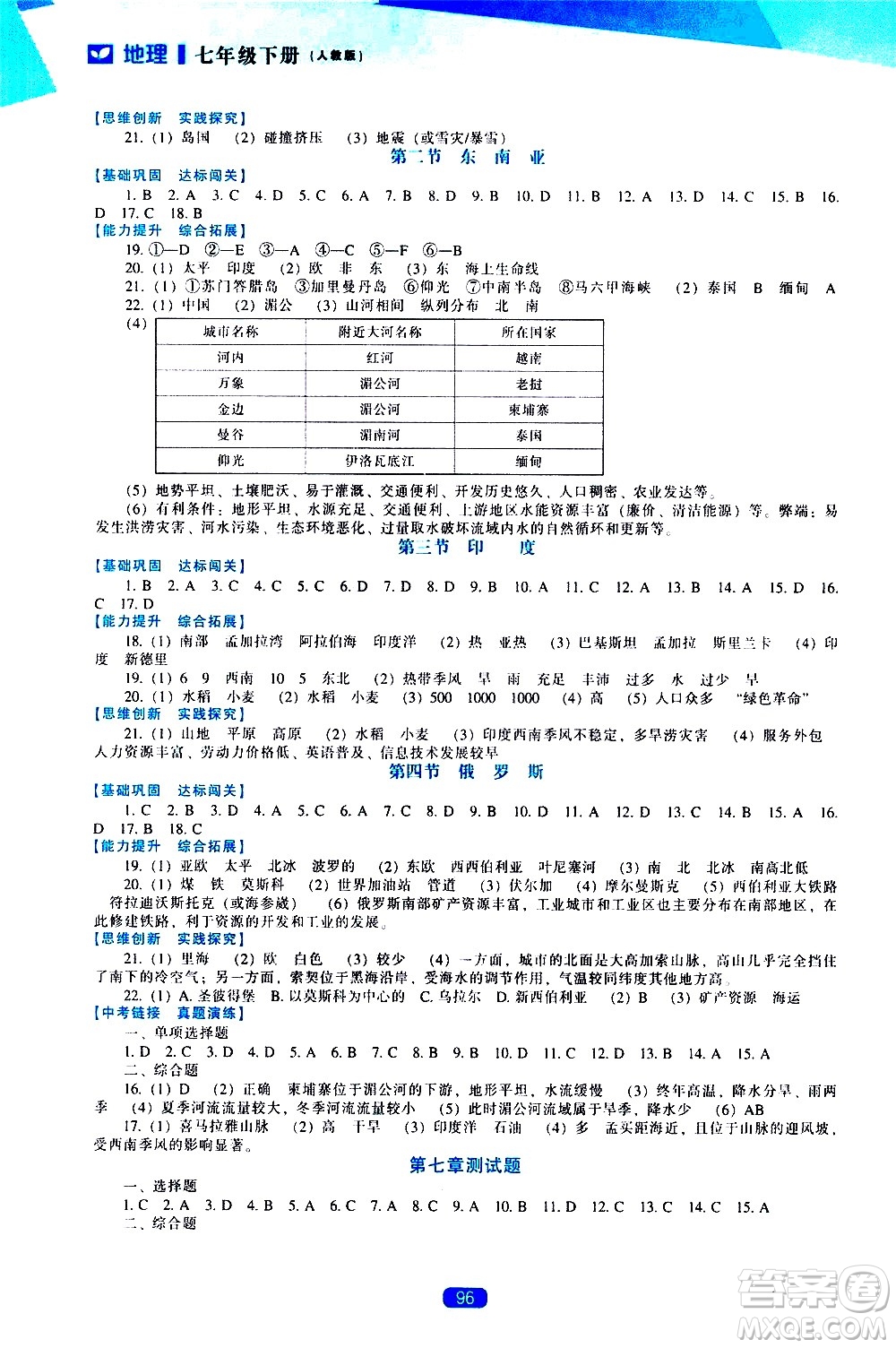 遼海出版社2021新課程地理能力培養(yǎng)七年級(jí)下冊(cè)人教版答案