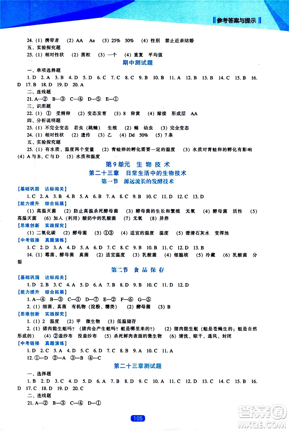 遼海出版社2021新課程生物能力培養(yǎng)八年級下冊蘇教版答案
