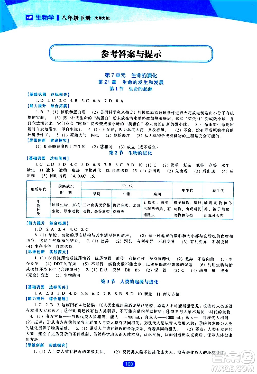 遼海出版社2021新課程生物學(xué)能力培養(yǎng)八年級(jí)下冊(cè)北師大版答案