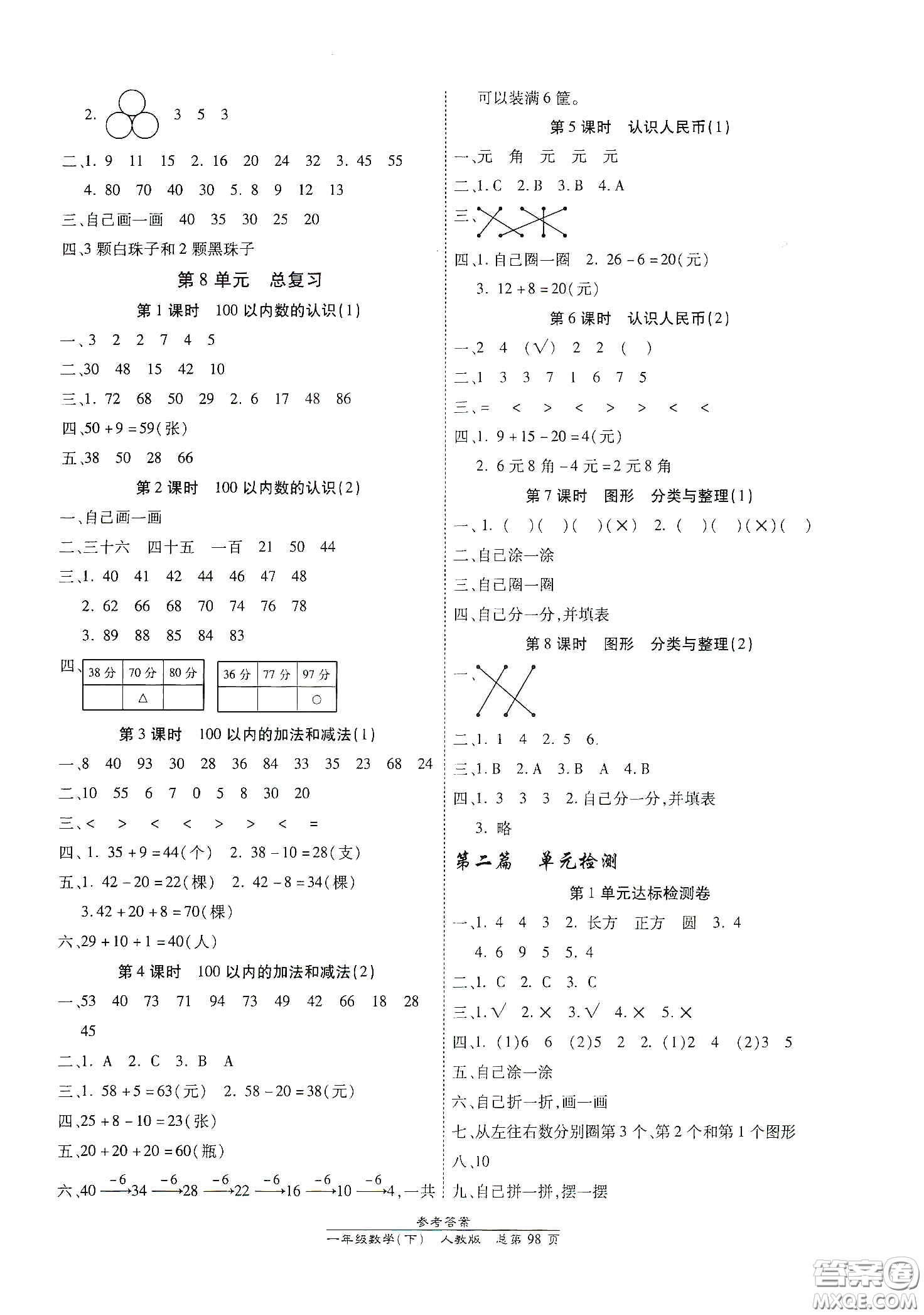 陽光出版社2021匯文圖書卓越課堂一年級數(shù)學(xué)下冊人教版答案