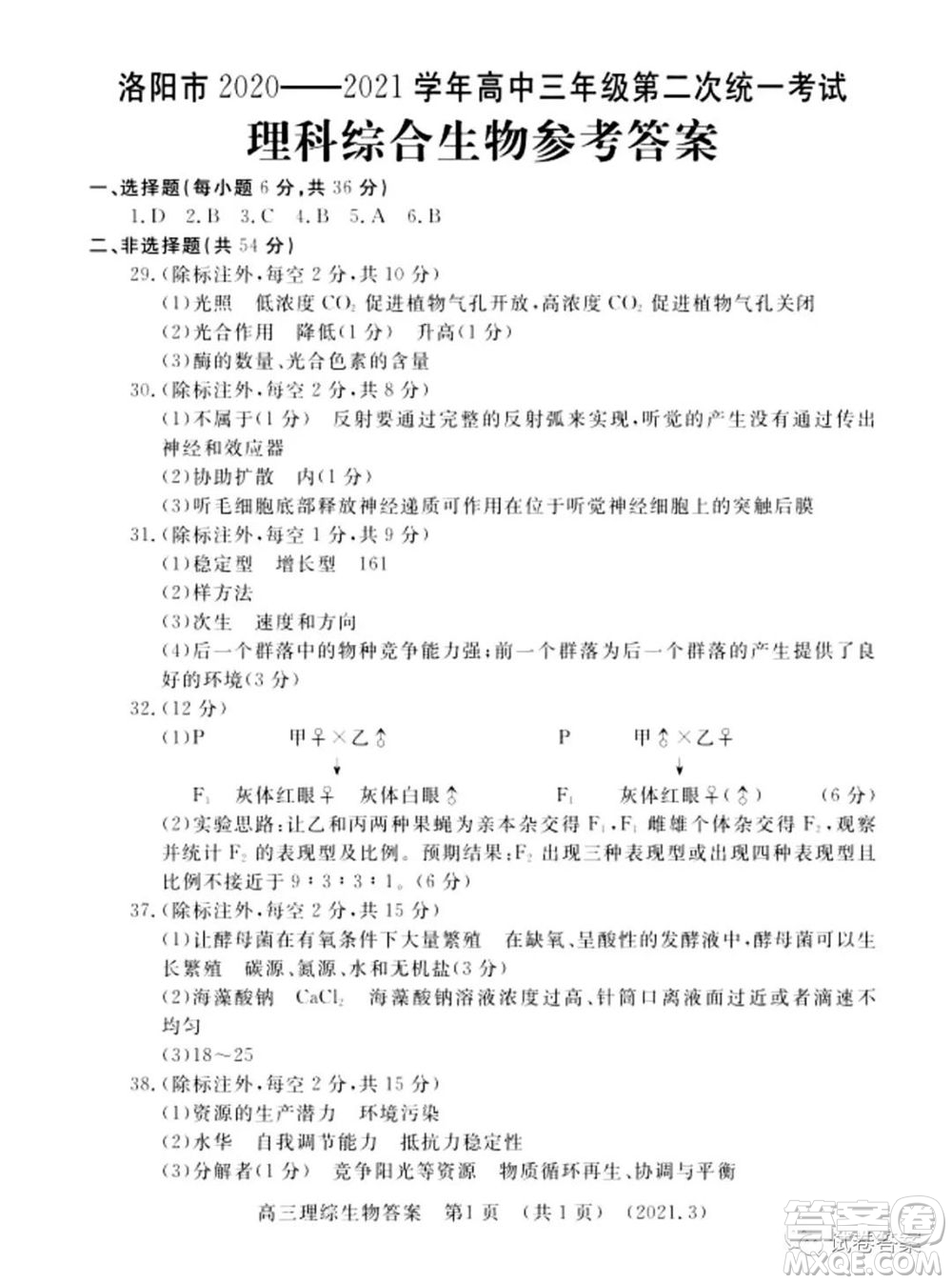 洛陽(yáng)市2020-2021學(xué)年高中三年級(jí)第二次統(tǒng)一考試?yán)砜凭C合試題及答案