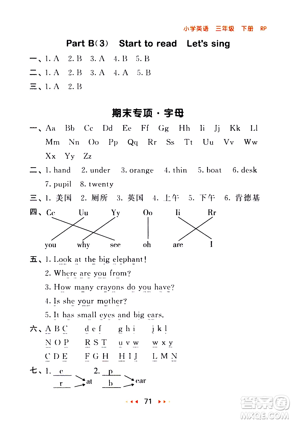 教育科學出版社2021春季53隨堂測小學英語三年級下冊RP人教版答案