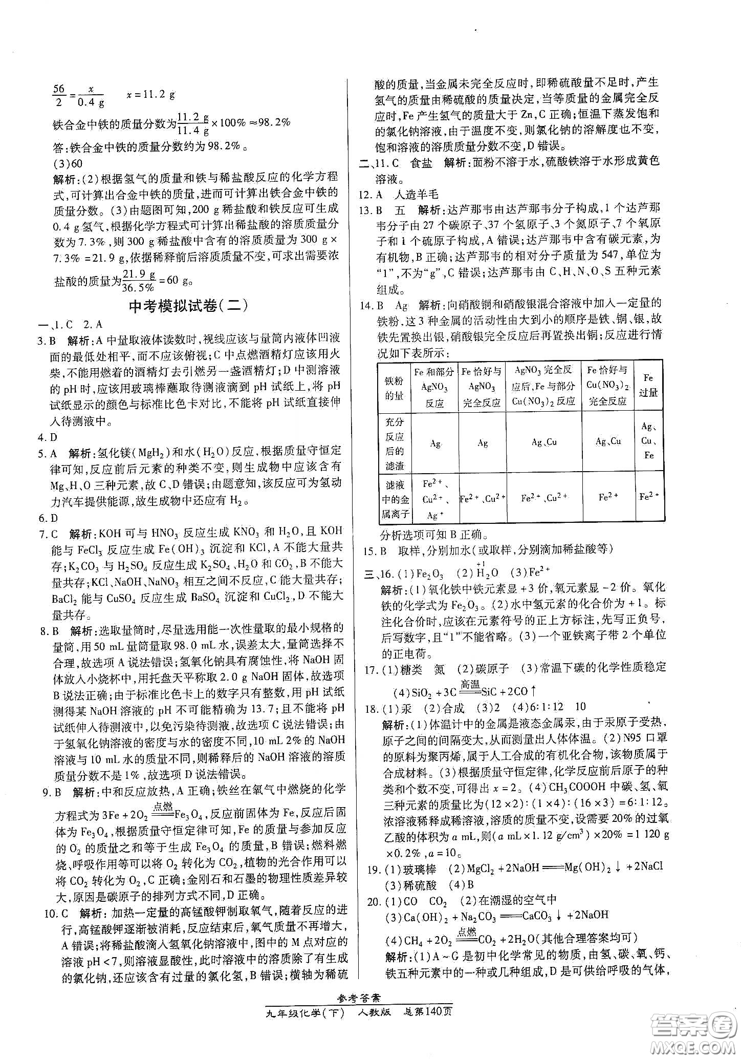 陽光出版社2021匯文圖書卓越課堂九年級化學(xué)下冊人教版答案