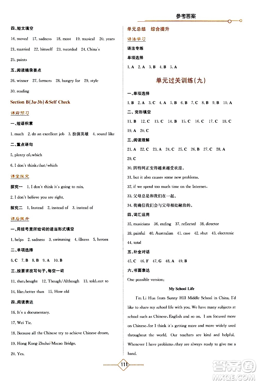 湖南教育出版社2021學(xué)法大視野英語九年級下冊人教版答案