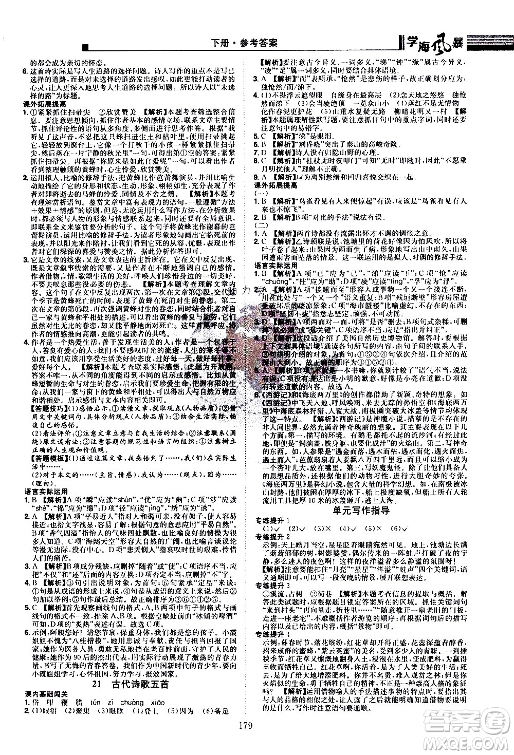 江西美術(shù)出版社2021學(xué)海風(fēng)暴語文七年級下冊RJ人教版答案